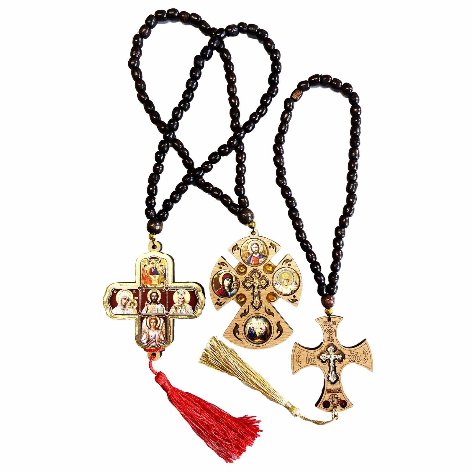 Aufhänger mit Rosenkranz, Kreuze und Symbole aus Holz für Auto