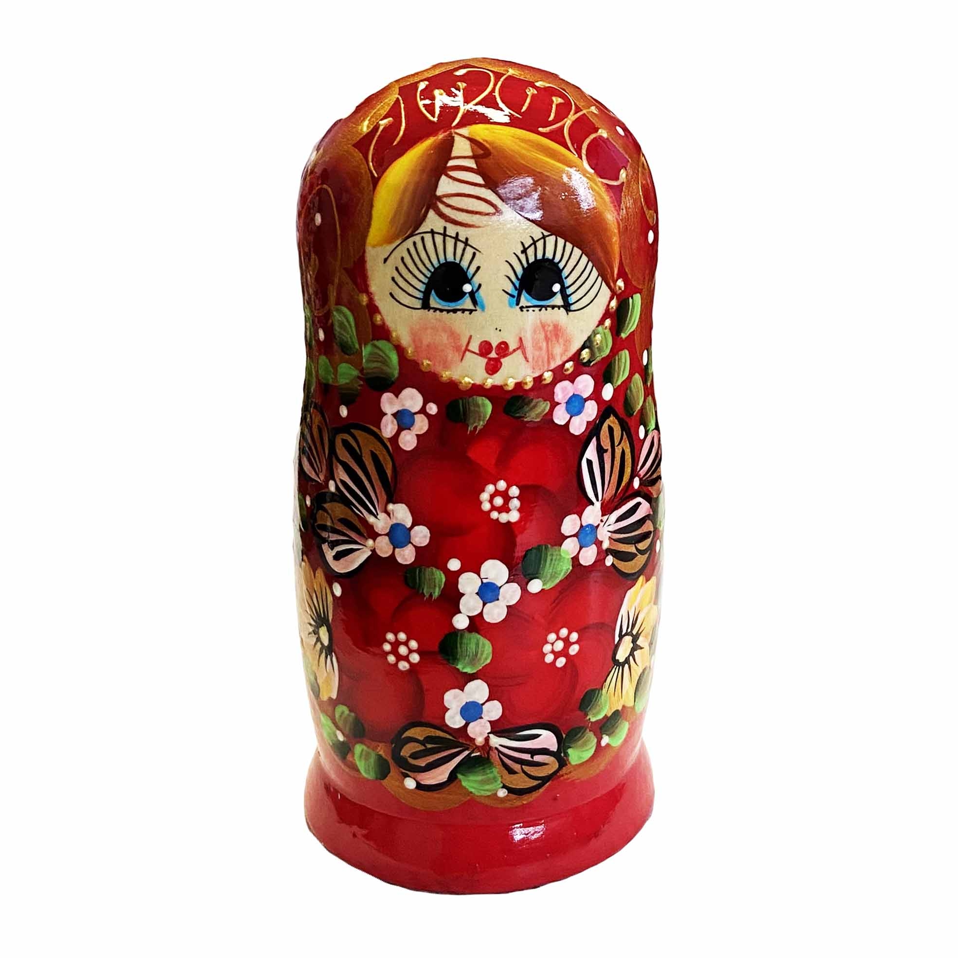 Матрёшка "Народная роспись" - "Красная с тремя красными цветками", 15 см (5 мест)