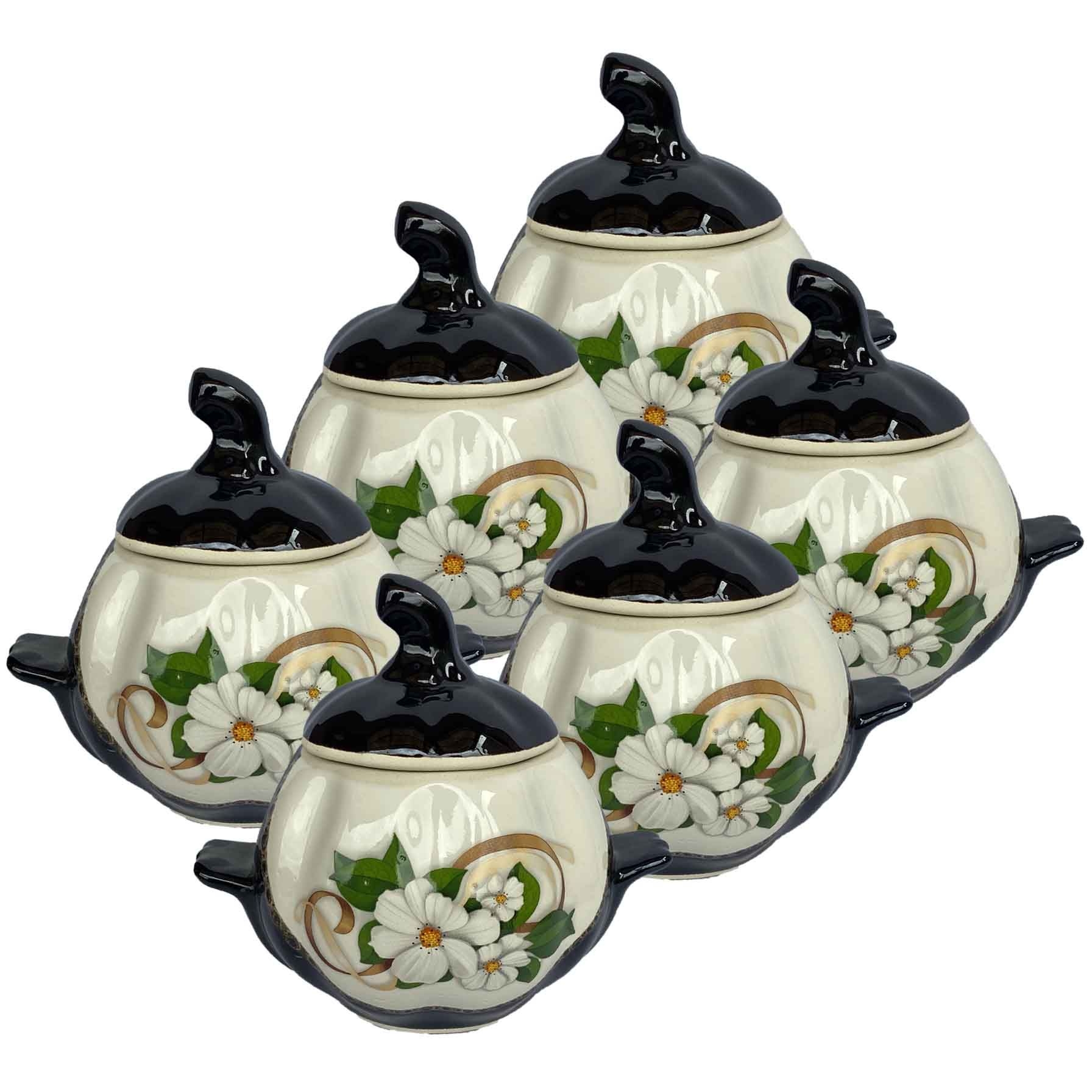 Keramiktopf "Weiß Blumen" mit Griffen, 750 ml, Set aus 6 St.