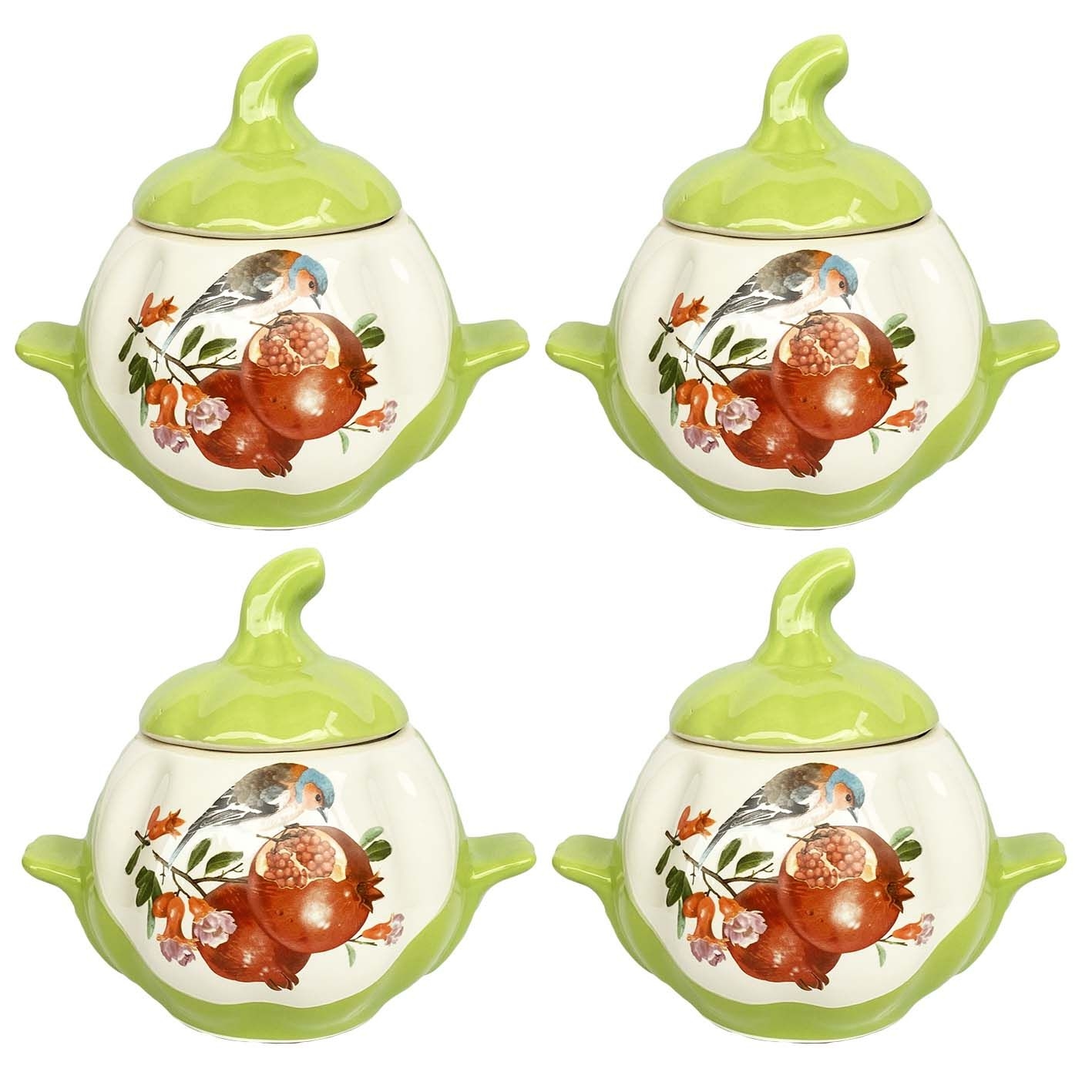 Keramiktopf "Vogel und Granatäpfel" mit Griffen, 750 ml, Set aus 4 St. (grün)