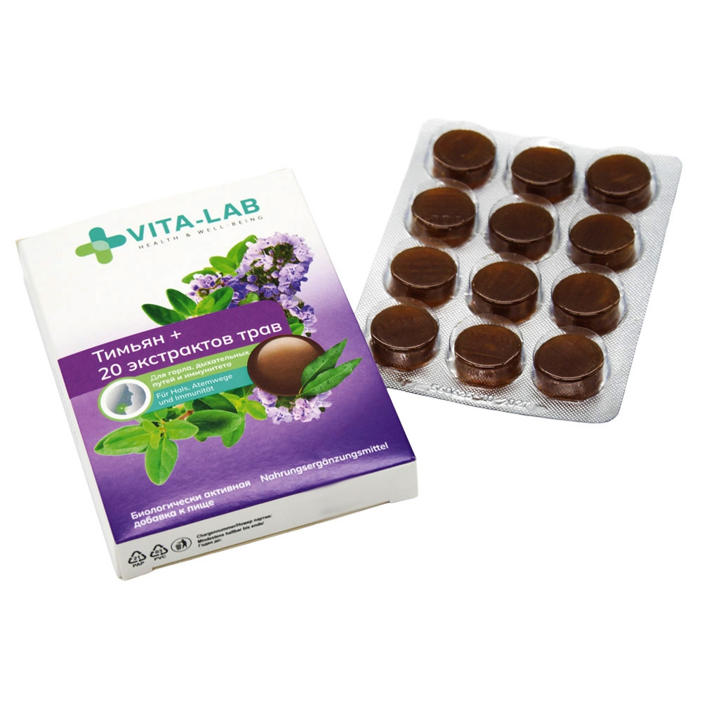 "Vita Lab" Lutschtabletten mit Thymian und 20 Kräuterextrakten, 12 Stück