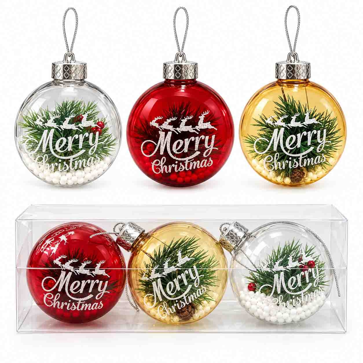 Tannenbaumkugel-Set, Kunststoff, Ø 8 cm, "Merry Christmas", 3 St.