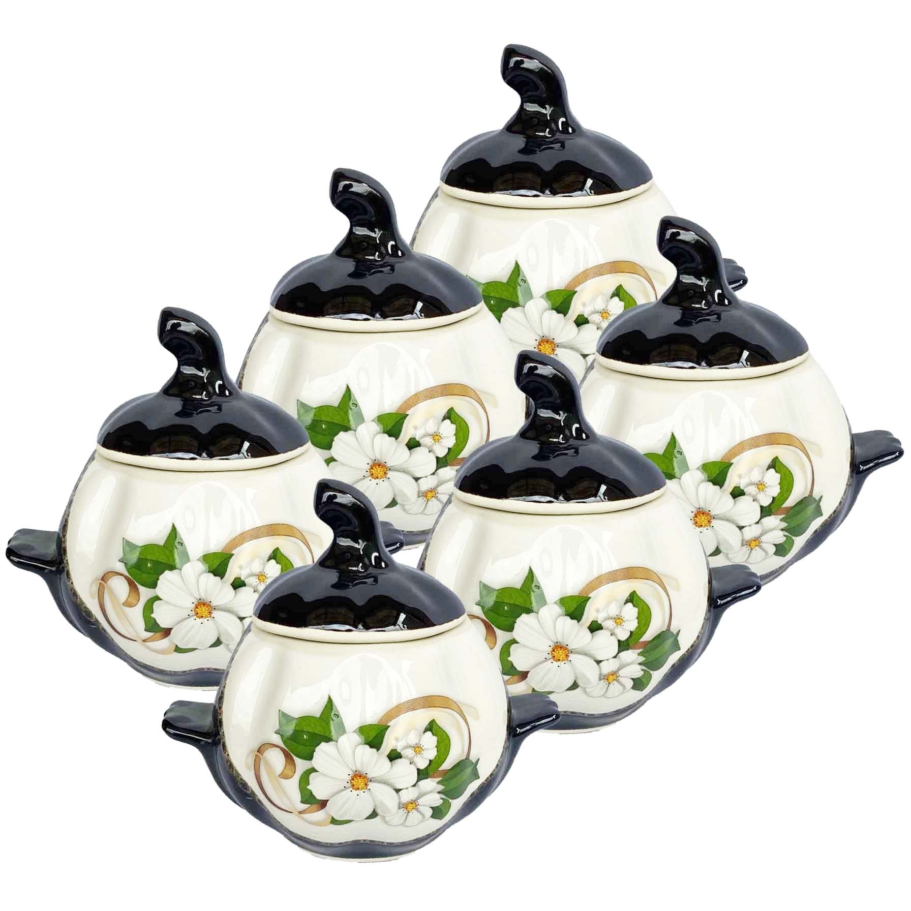 Keramiktopf "Weiß Blumen" mit Griffen, 750 ml, Set aus 6 St.