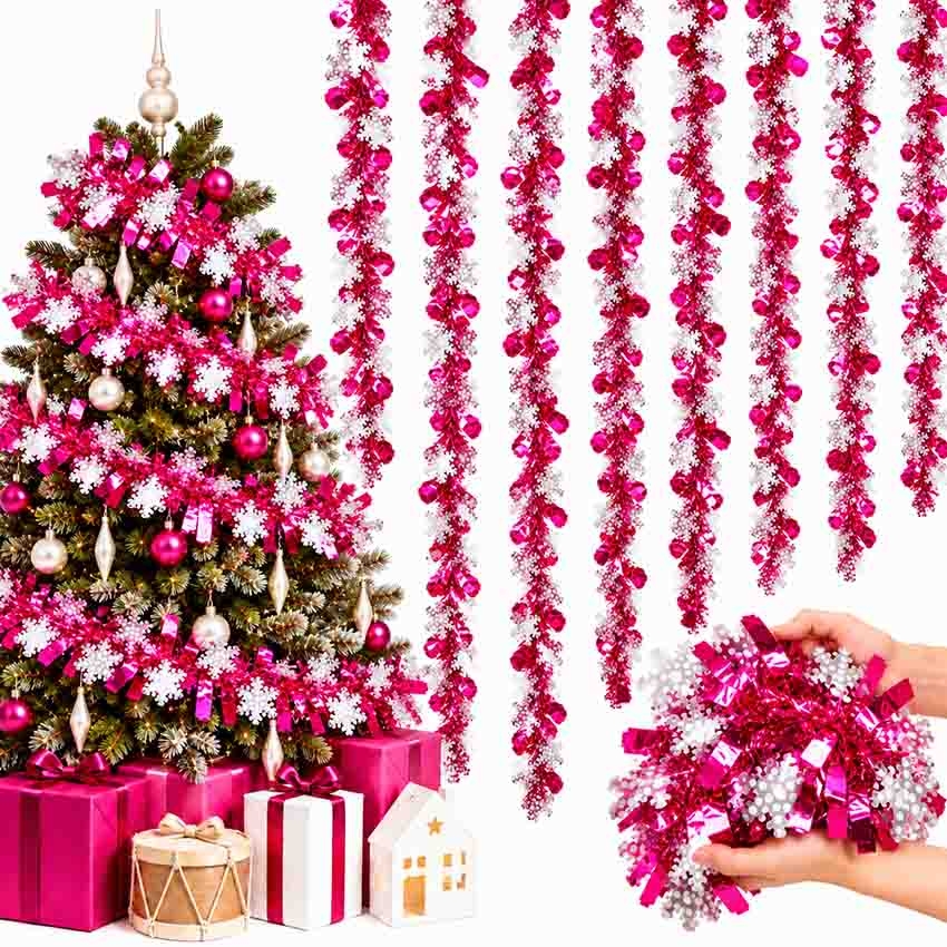 Tannenbaum-Lametta, Rose-Silbern mit Schneeflocken, Ø 9х150 cm