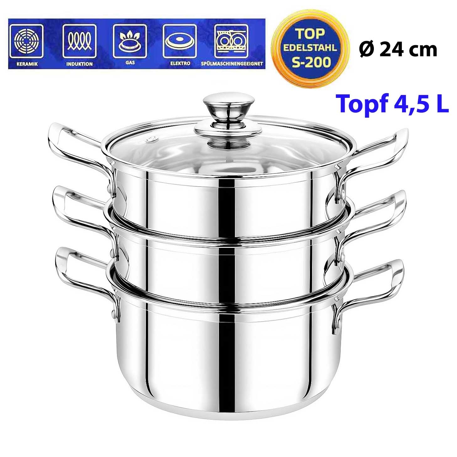 Dampfkocher 3-Etagen,  Ø 24 cm, mit Kochtopf 4,5 L