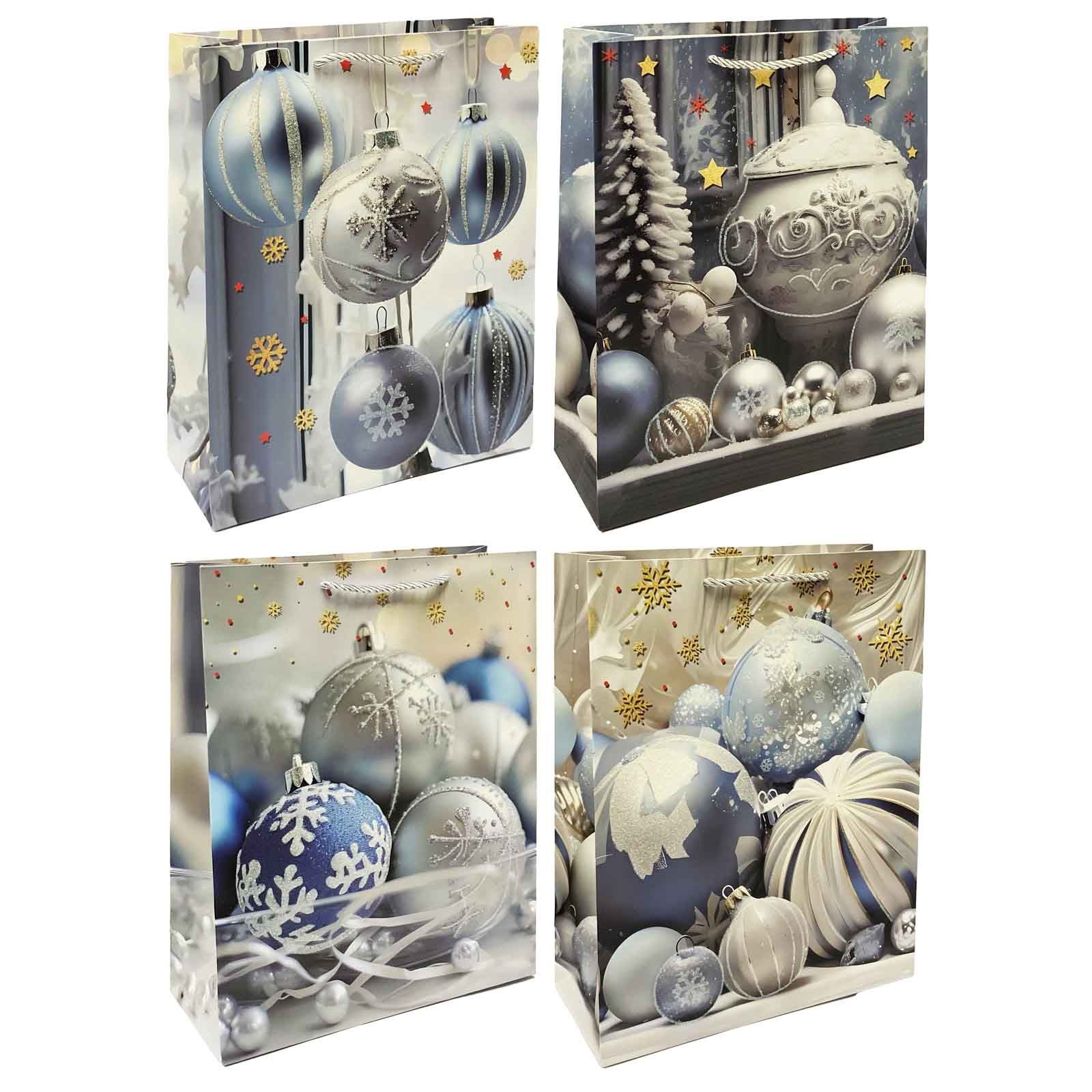 Geschenktasche Set, M, 32x26cm, "Silberne Weihnachtskugeln"