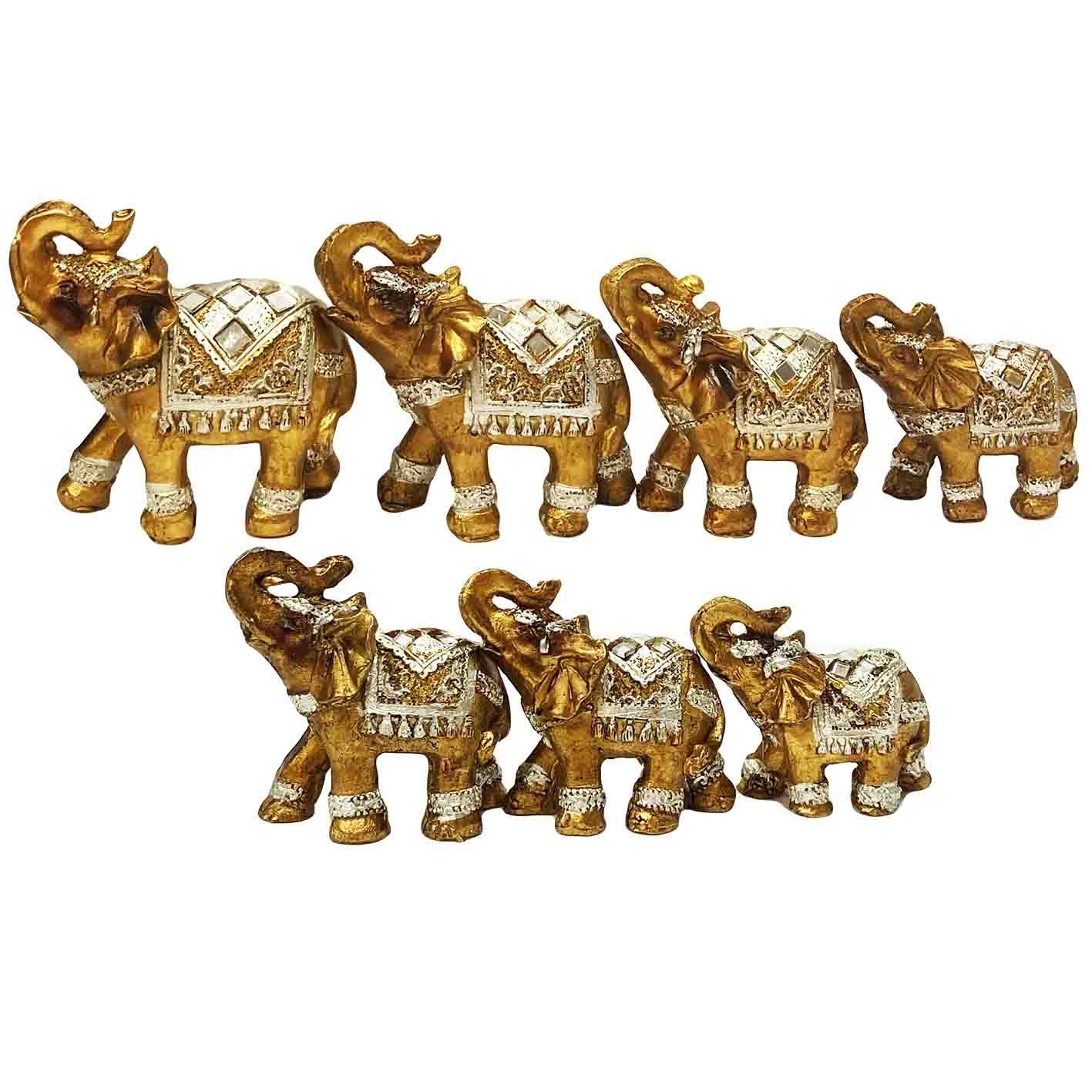 Figurenset "7 Elefanten", Gold mit Spiegeln, Keramik, 12-4 cm