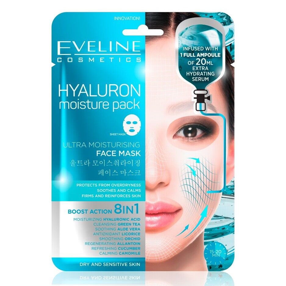 Eveline - Gesichtsstoffmaske mit Hyaluron Ultra-feuchtigkeitsspendende 8 in 1