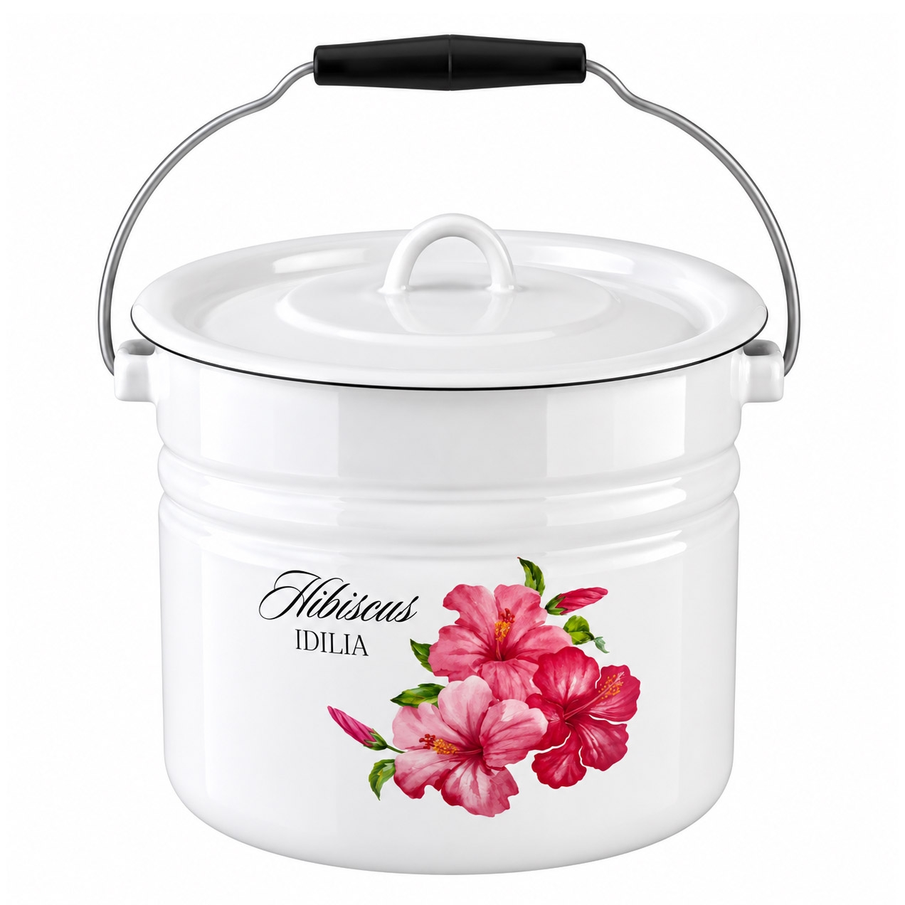 Eimer mit Deckel (Zylinder), 12,0 L, "Hibiskus Idilia" emailliert