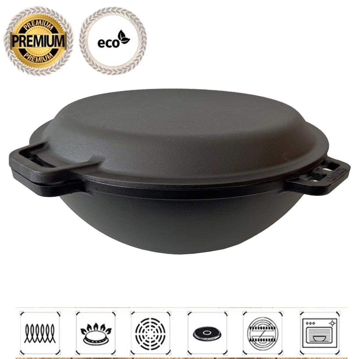 Kasan 15 L, Wok Asia mit Pfannendeckel aus Gusseisen (KA15-3)