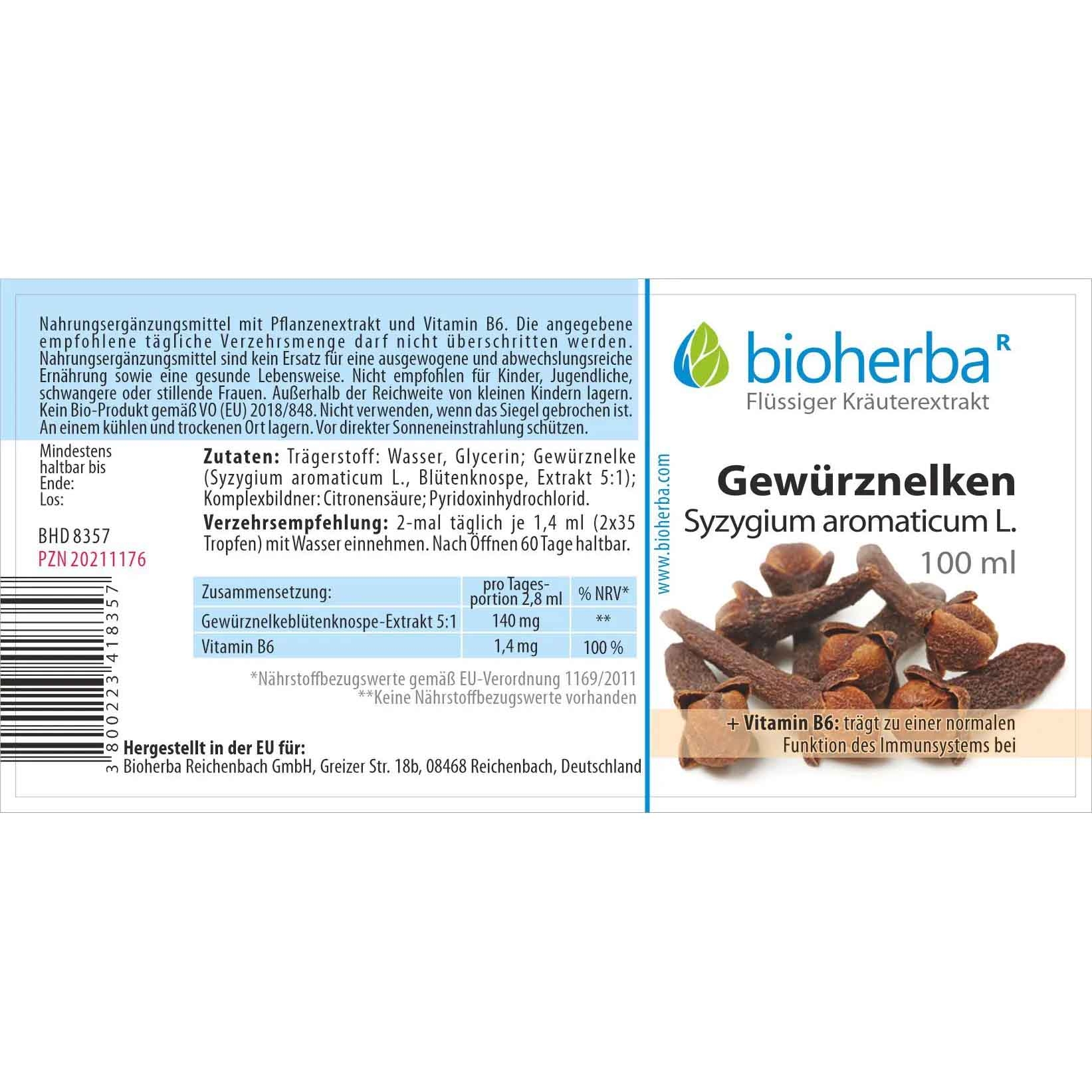 "Bioherba" - Gewürznelken Syzygium Aromaticum L. Tropfen Tinktur 100 ml