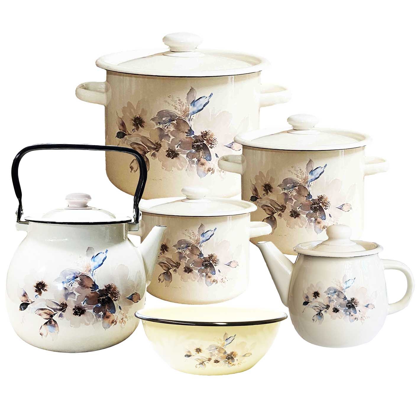 Emaillierten Set "Jasmin", Kochtöpfen 2,3,4.5 L, Teekannen 1, 3.5 L, Schüssel 4L (I1320)