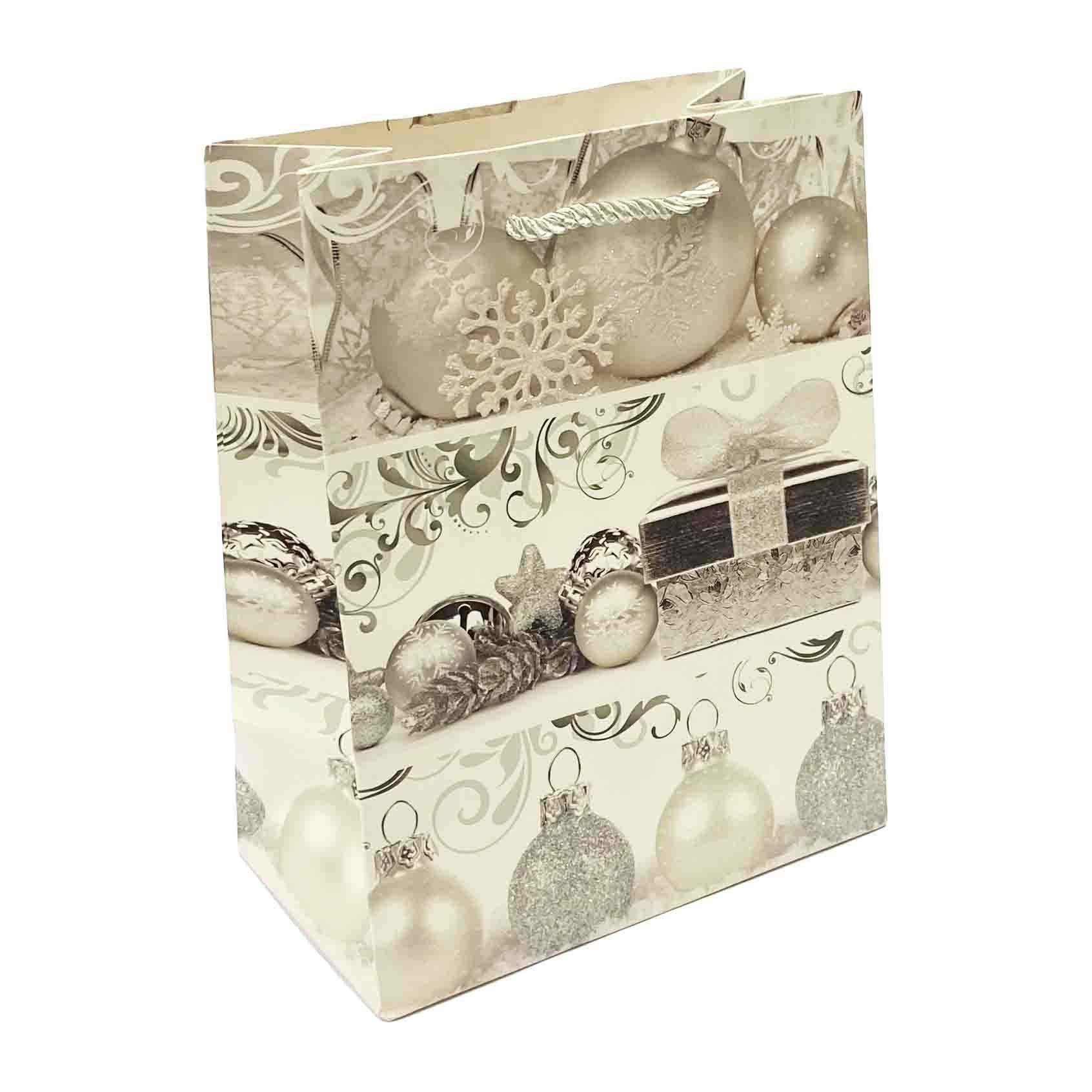 Geschenktasche Set, M, 32x26cm, "Silberne Weihnachtskugeln"