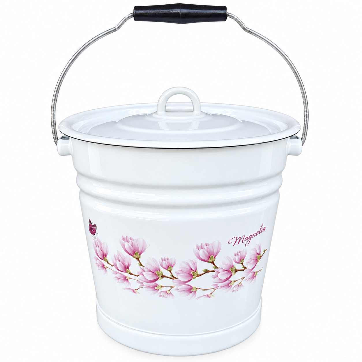 Eimer mit Deckel und Stand "Magnolie", 12 L, emailliert konisch
