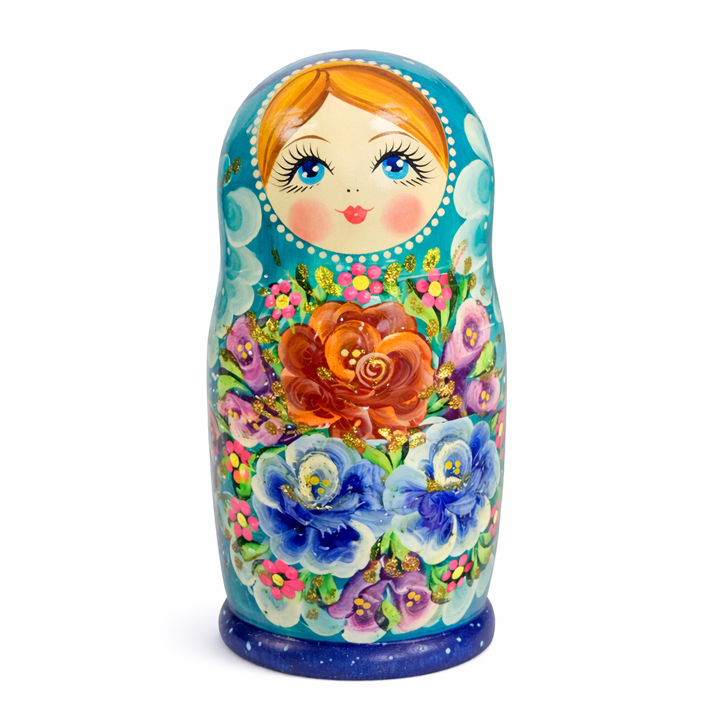 Матрёшка «Бирюзовая мечта – Золотые цветы», 22–23 см (7 мест)
