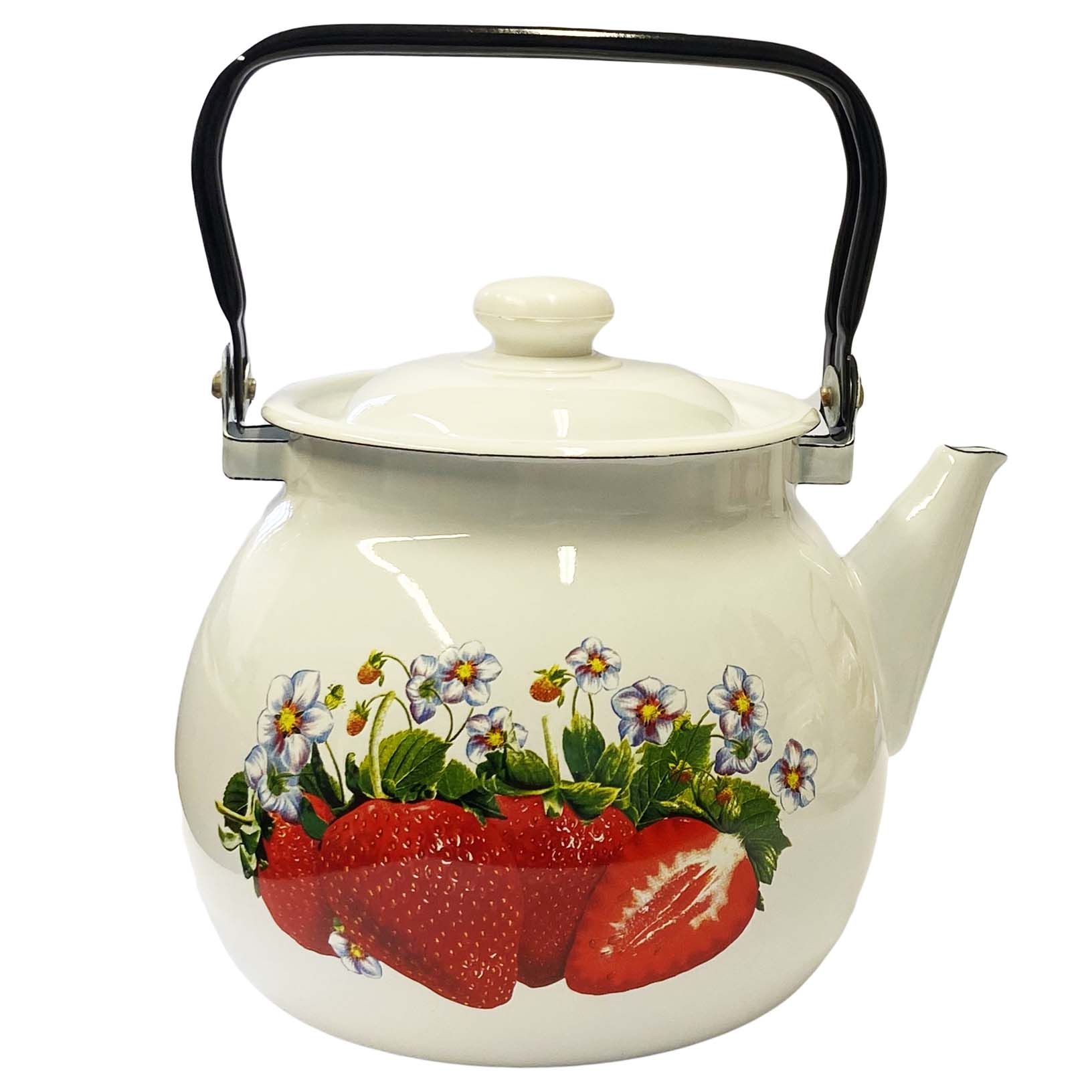 Teekanne, emailliert, 3,5 L "Erdbeeren" weiß, sphärisch