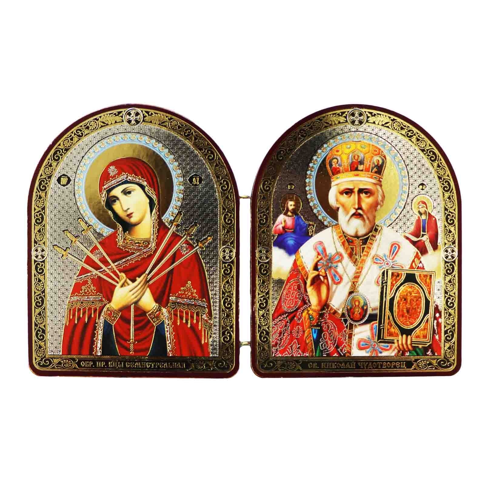 Ikone 2-fach (Holz), "Semistrelnaja i Nikolaj", 10x12 cm