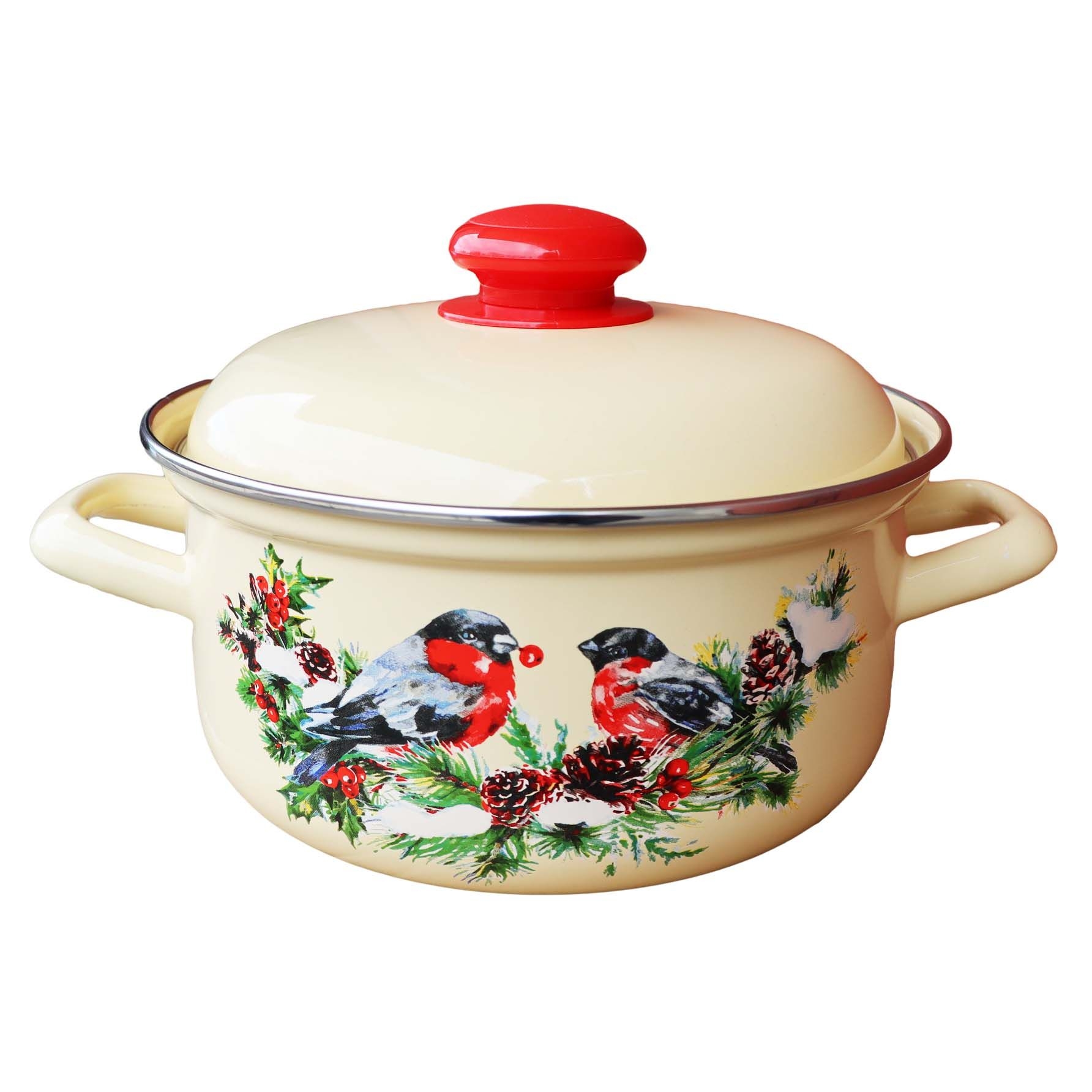 Кастрюля эмалированная,4,5 л - "Снегири" (желтая)