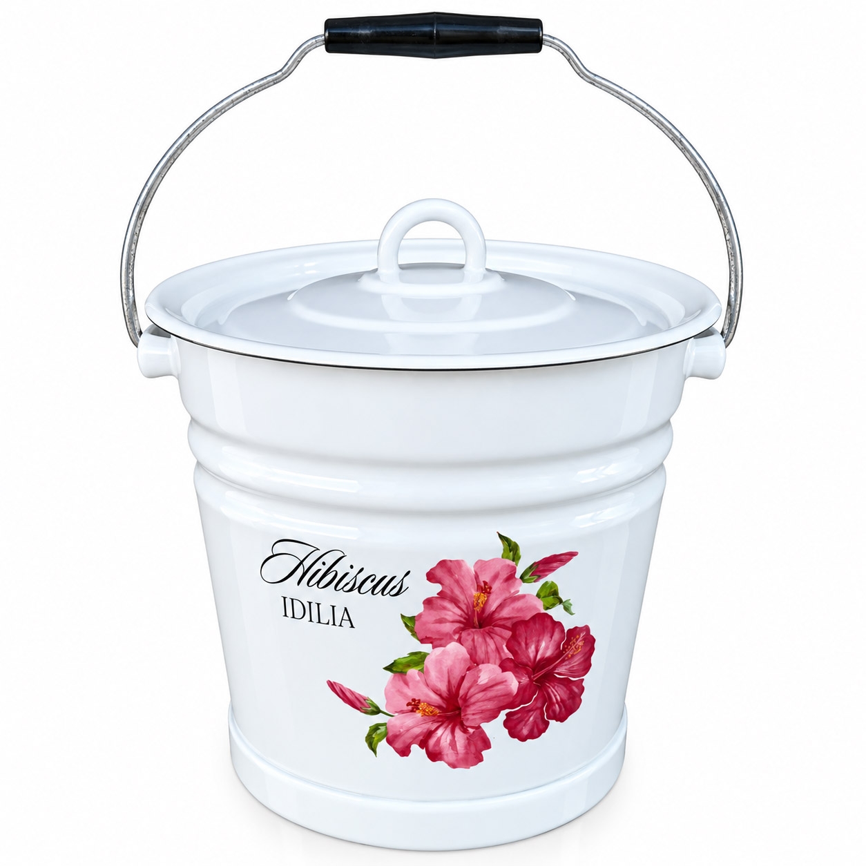 Eimer mit Deckel und Stand "Hibiskus Idilia", 12 L, emailliert konisch