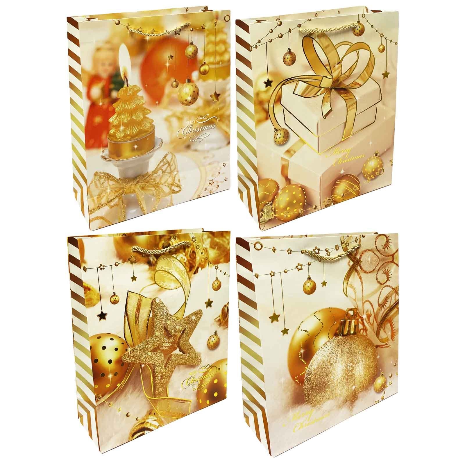 Geschenktasche-Set, S, 23x18cm, "Goldene Weihnachtskugeln, Kerze"