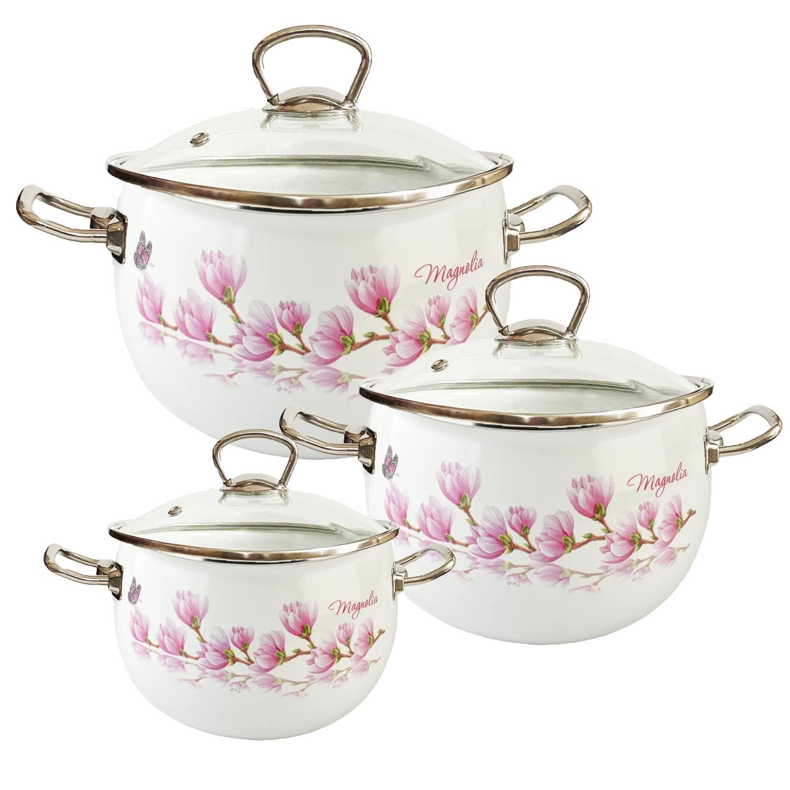 Set mit drei emaillierten Kochtöpfen, "Magnolie" Premium Plus, 2,5L, 3,5L, 5L