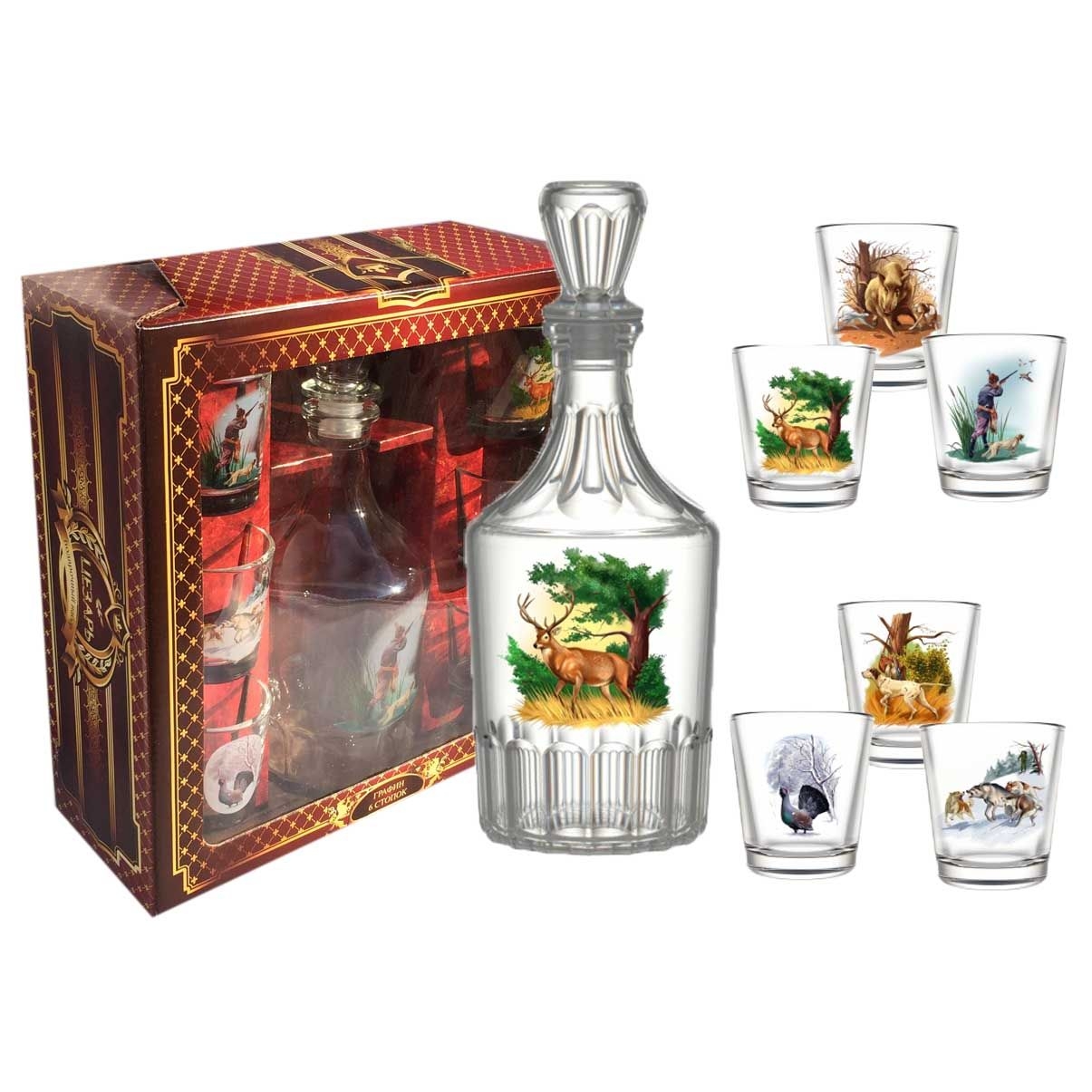 Set - Wodkagläser 6 St. mit Karaffe Caesar, 50 ml, "Jagd"