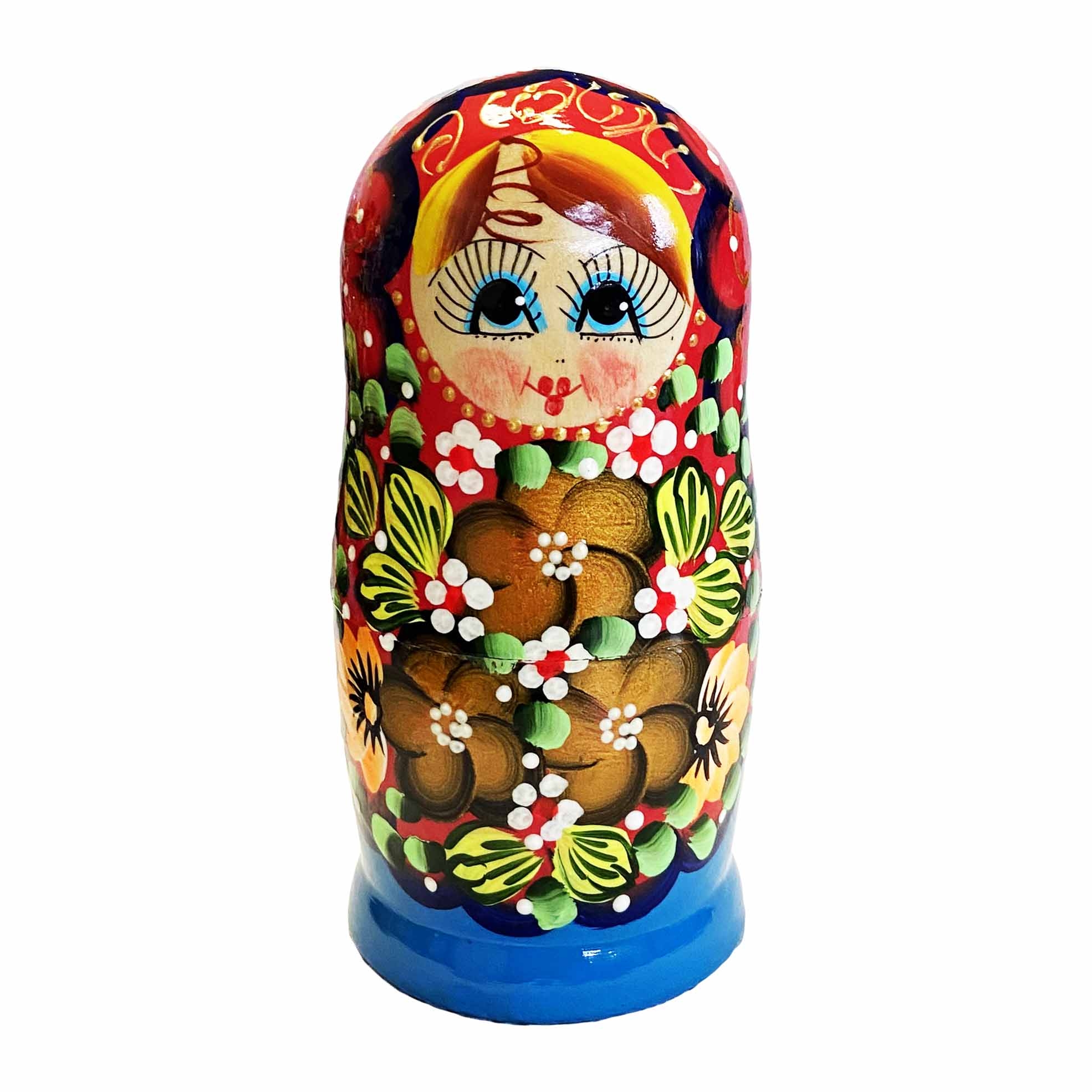 Матрёшка "Народная роспись" - "Красно-синяя с тремя золотыми цветками", 15 см (5 мест)