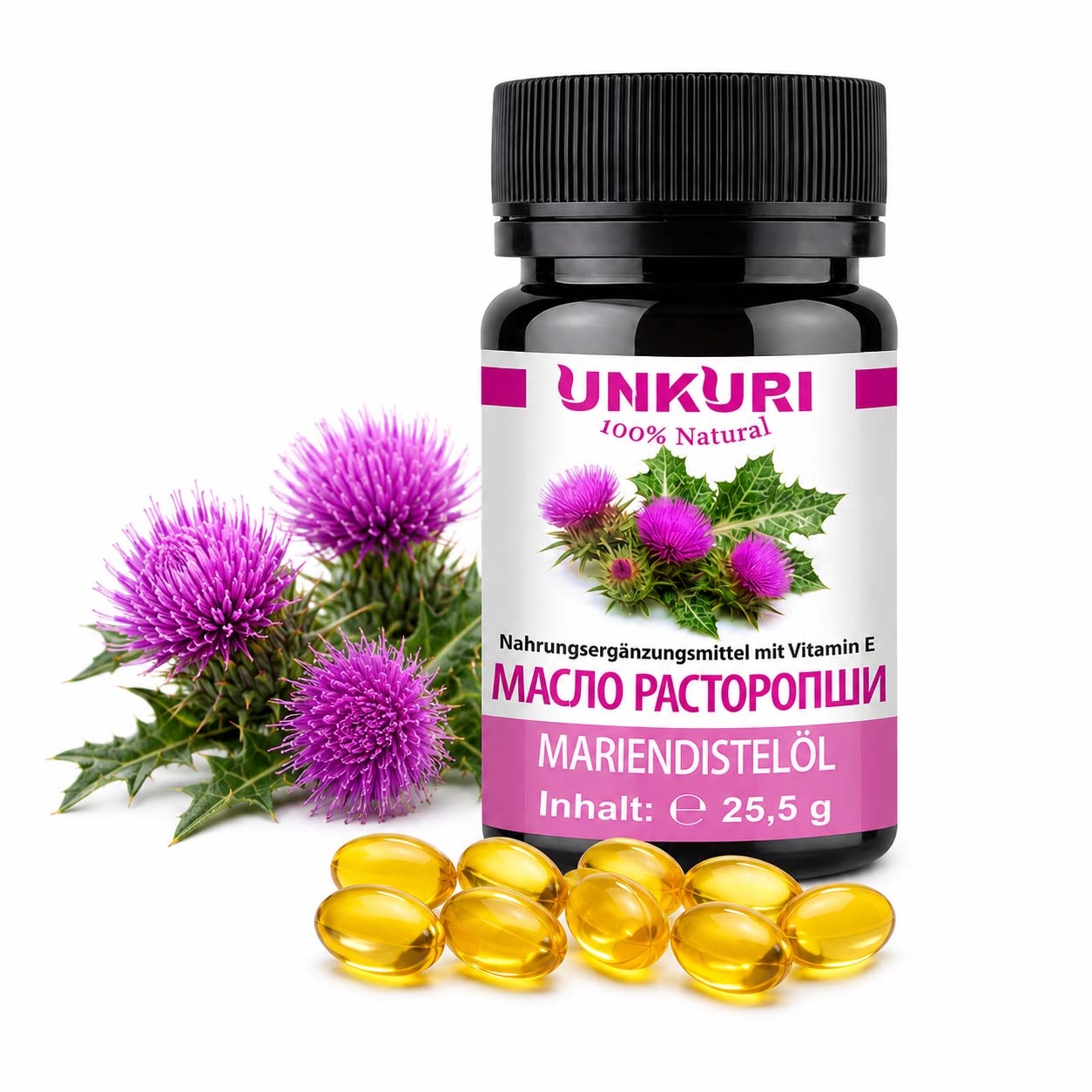 "Unkuri 100% Natural" Mariendistelöl in Kapseln, 60 Kaps. in Dose