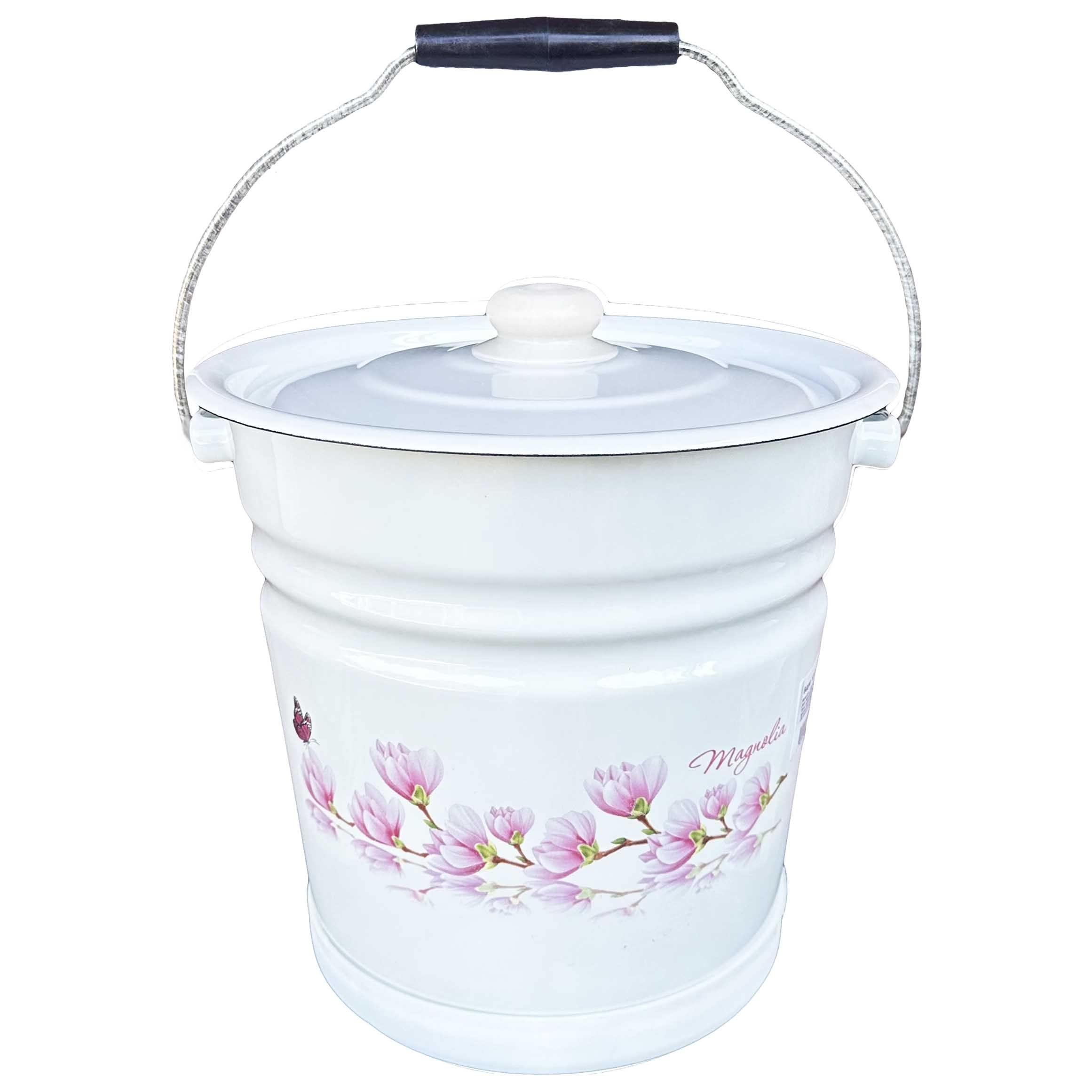 Eimer mit Deckel und Stand "Magnolie", 12 L, emailliert konisch
