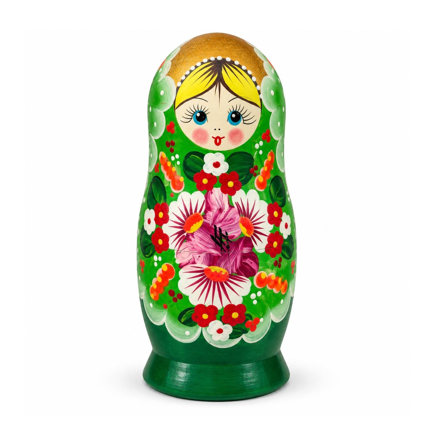 Матрёшка "Народная роспись" - "Зеленая с тремя цветами", 15 см (5 мест)