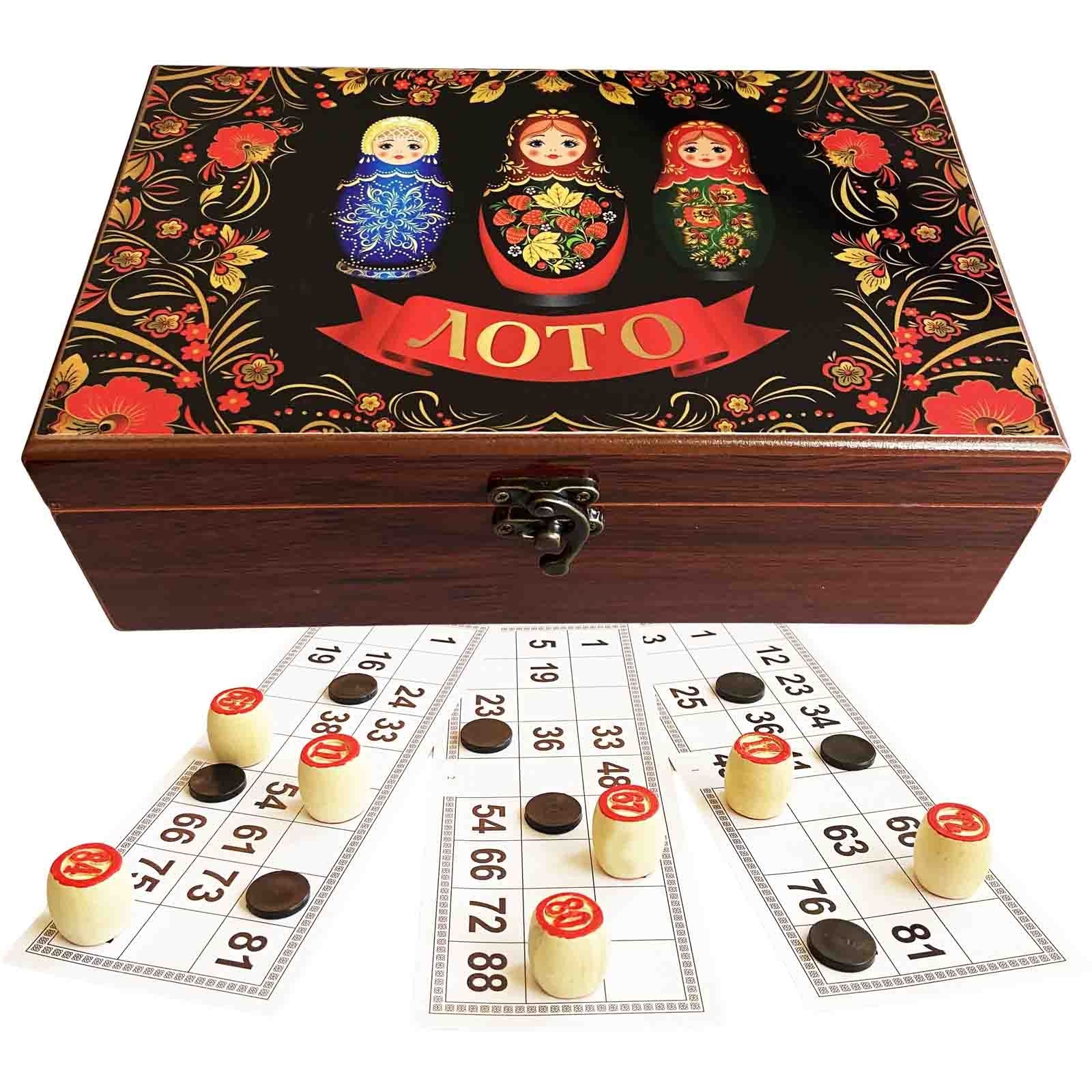 Brettspiel Loto in lackierter Holzschatulle "Matreschki"