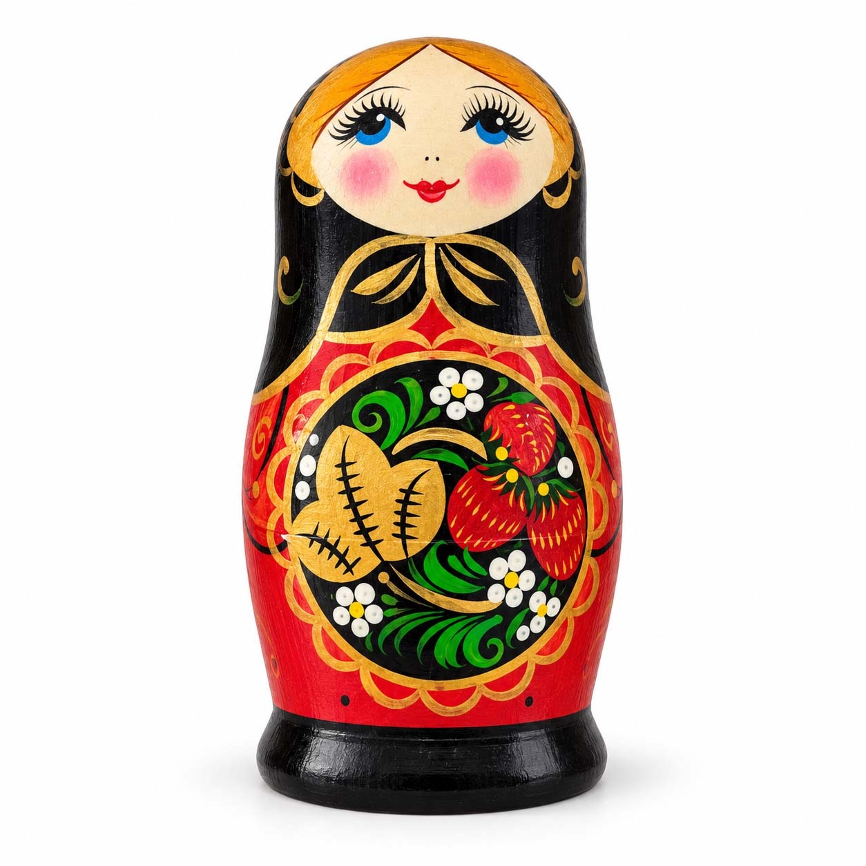 Матрёшка "Народная роспись - "Черная с красным с 3 клубниками", 17-18 см (5 мест)