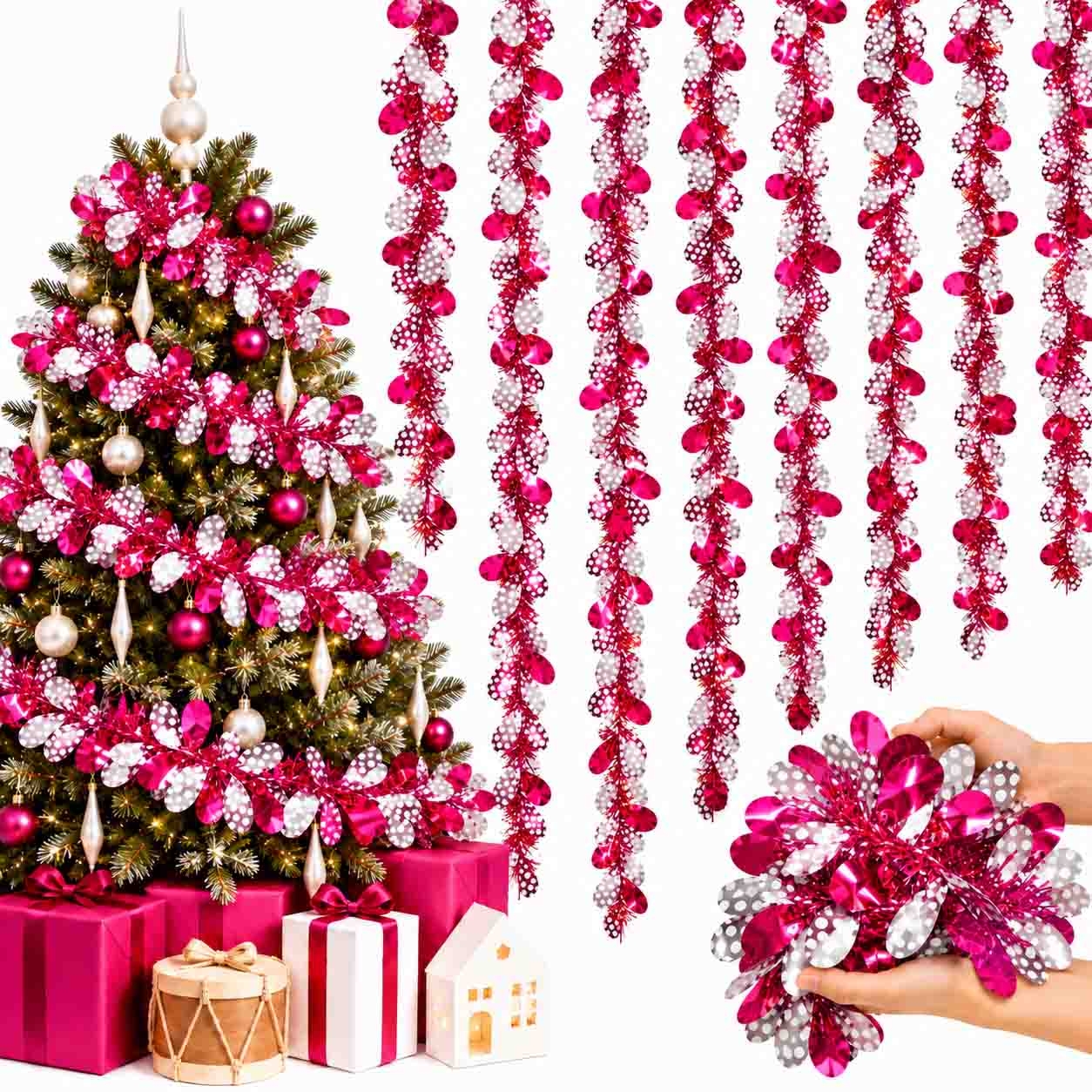 Tannenbaum-Lametta, Rose-Silbern mit Blütenblätter, Ø 9х150 cm