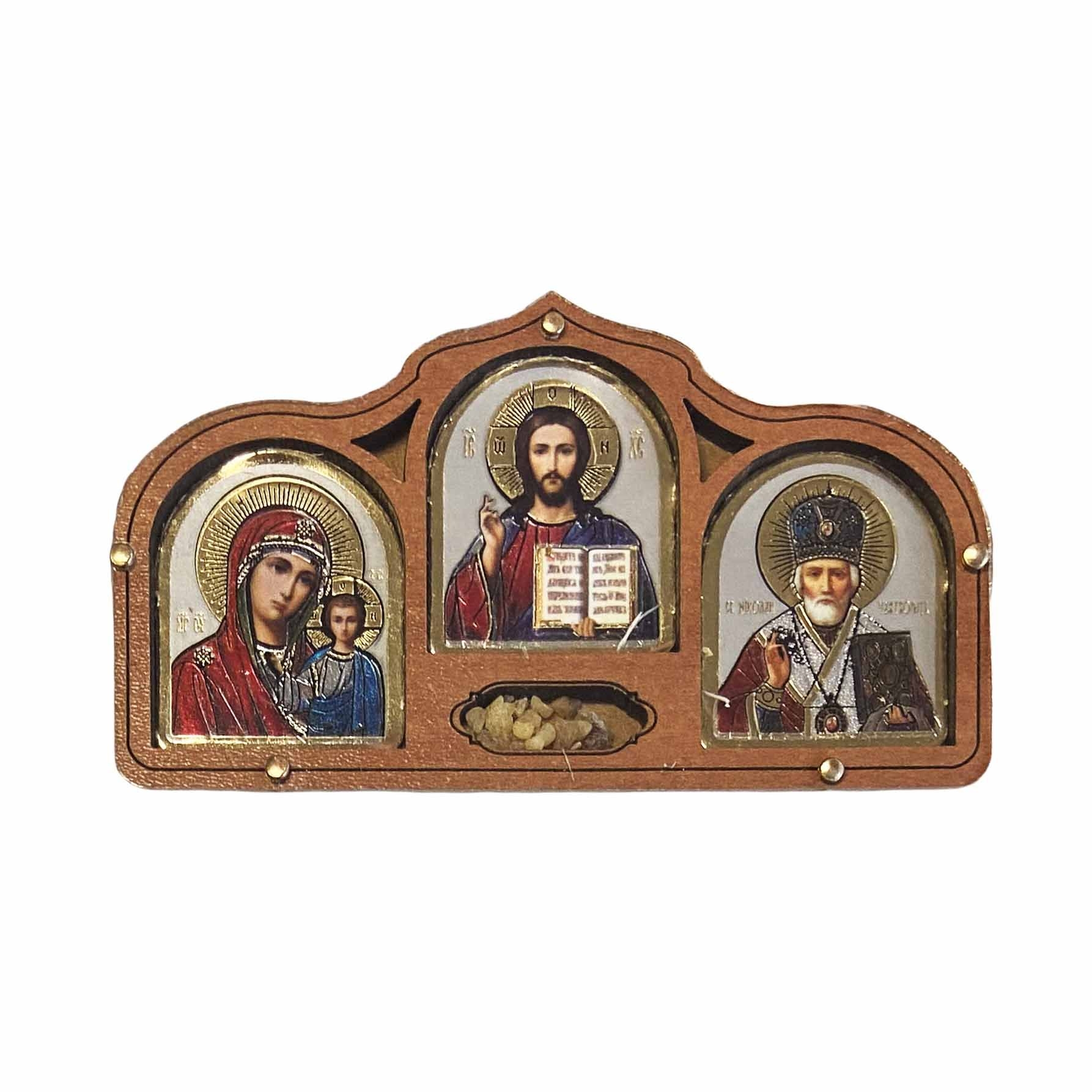 Ikone 3-fach für Auto, kleine, aus Holz, 8,5x5 cm