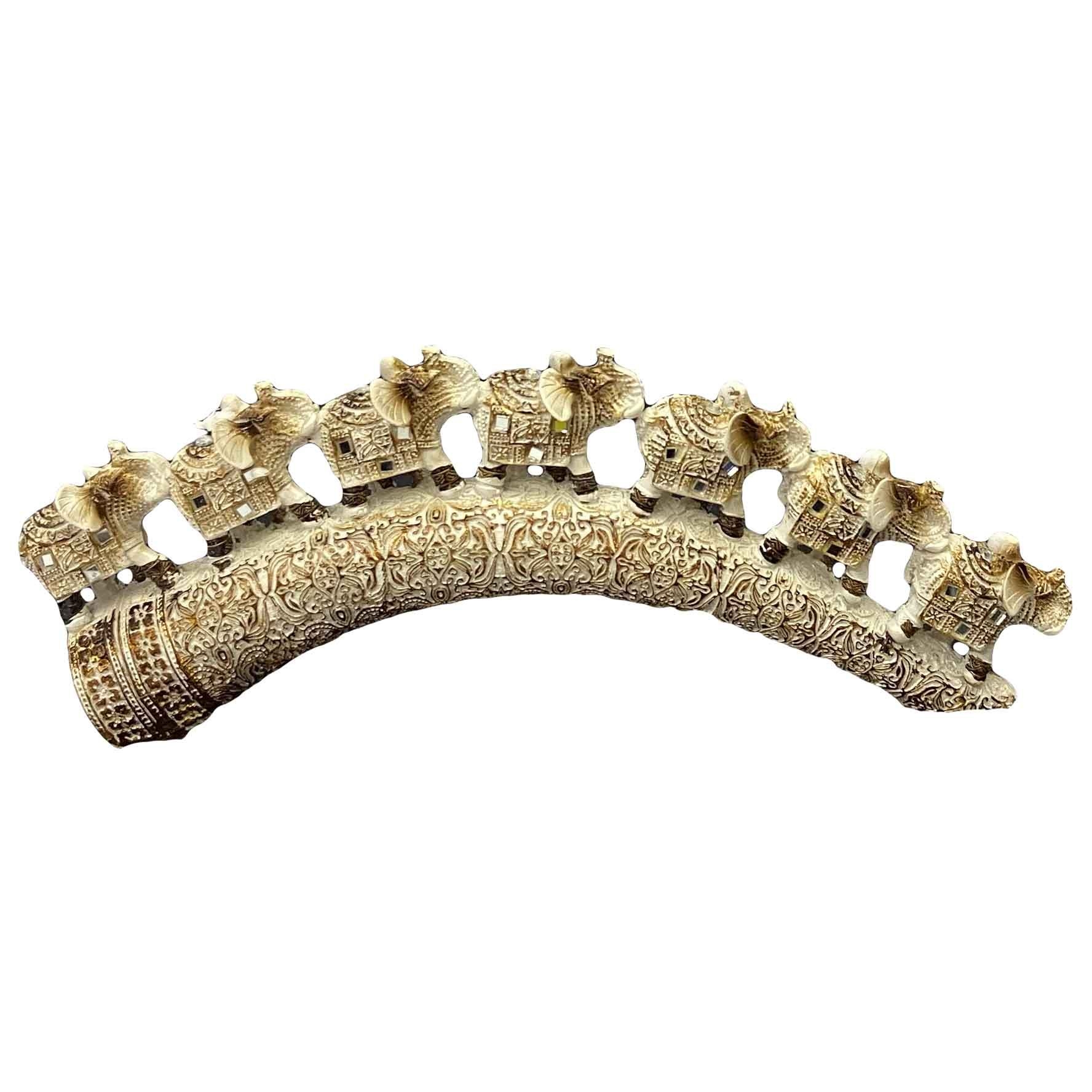 Керамическая фигура „7 слонов на бивне“, белые с бронзой, 30х12 см