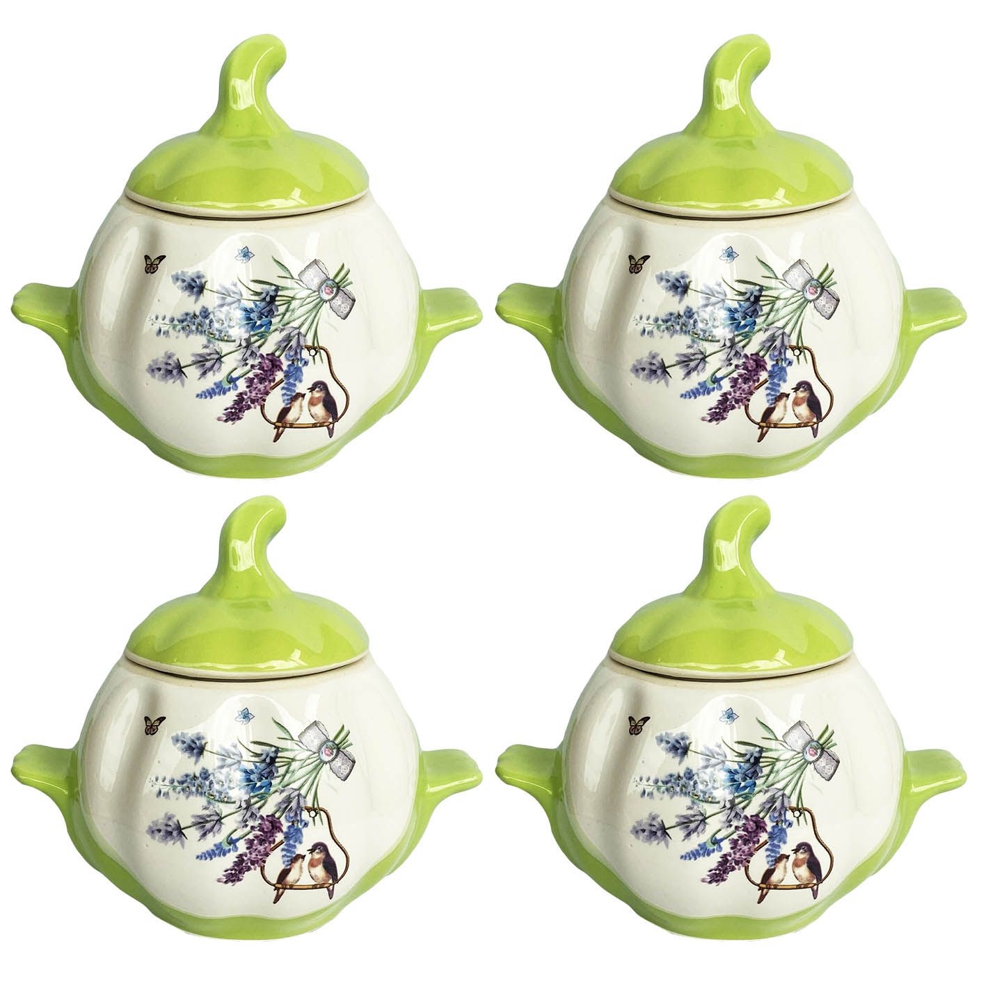 Keramiktopf "Lavendel mit Vögel" mit Griffen, 750 ml, Set aus 4 St. (hellgrün)
