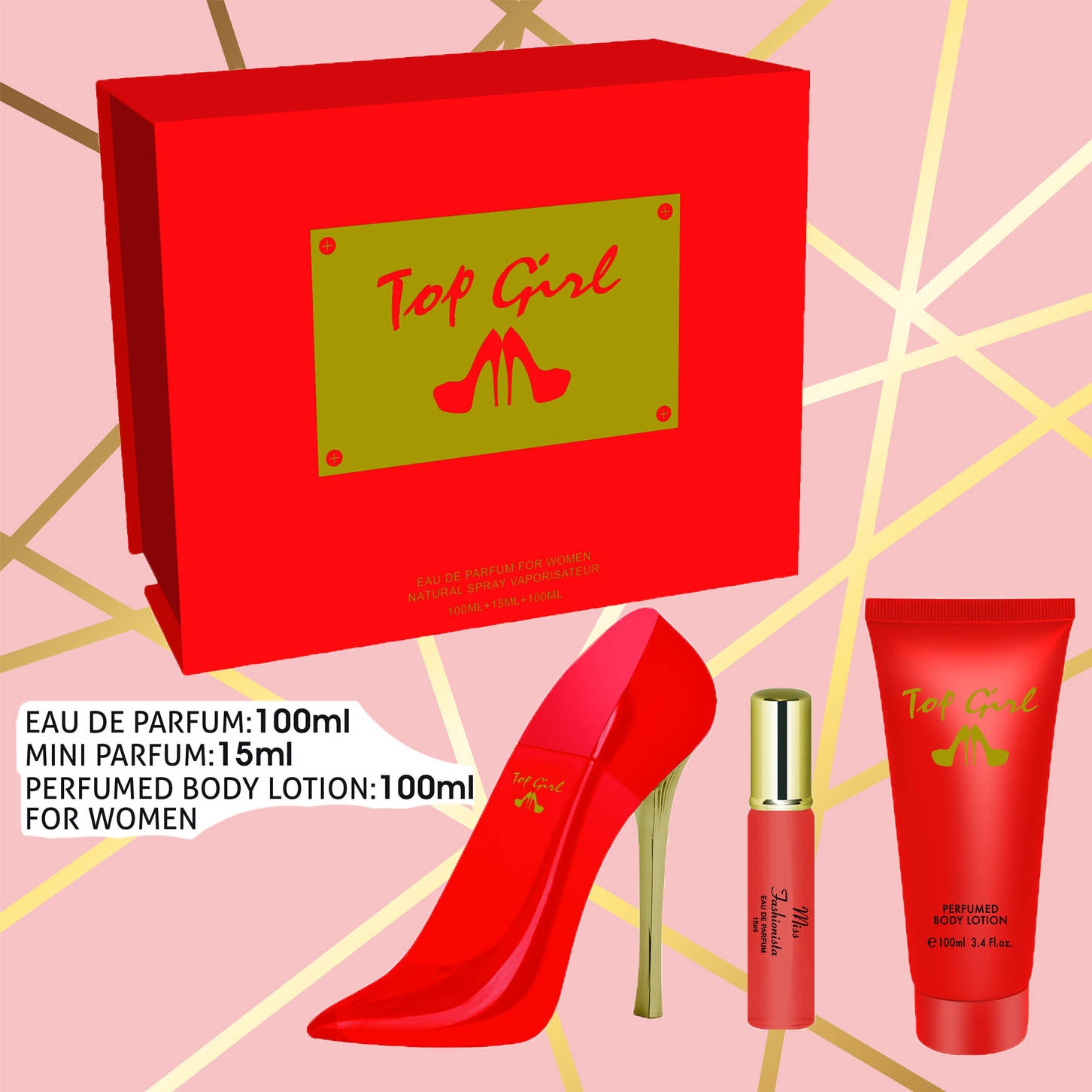 Женский парфюмерный набор "Top Girl", красный (парфюм 100 мл, мини парфюм 15 мл, парфюмированный лосьон для тела 100 мл)