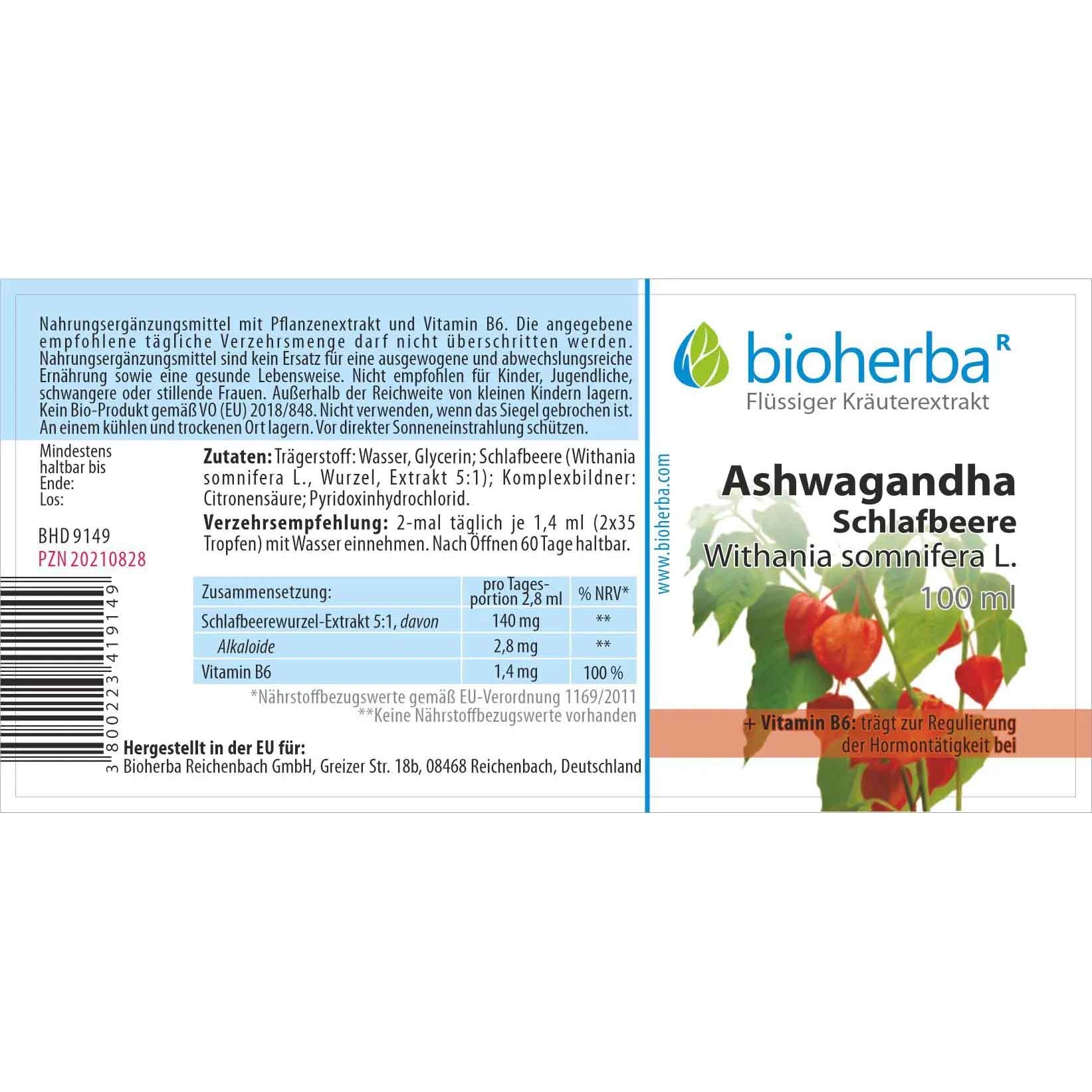 "Bioherba" - Ashwagandha Schlafbeere Tropfen, Tinktur 100 ml