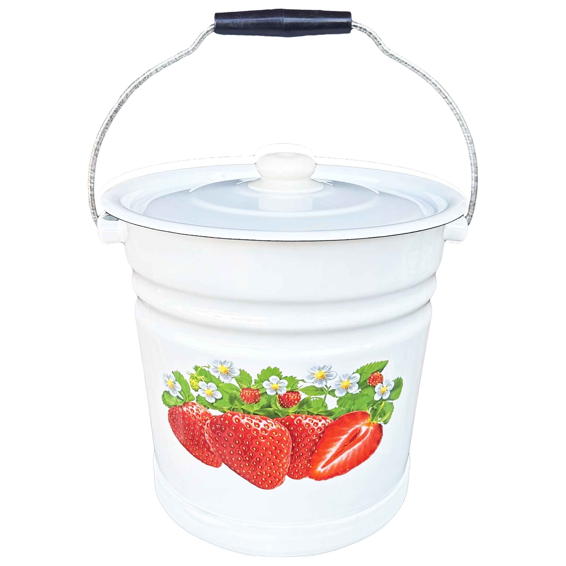 Eimer mit Deckel und Stand "Erdbeeren", 12 L, emailliert konisch (weiß)
