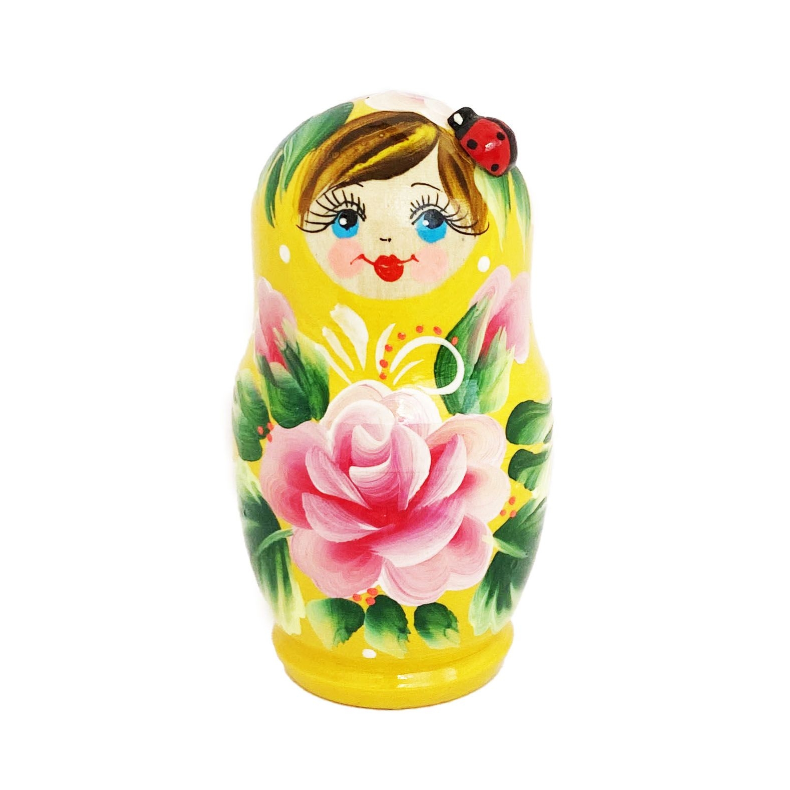 Матрёшка "Народная роспись", "Желтая с цветком и божьей коровкой", 10-12 см (5 мест)
