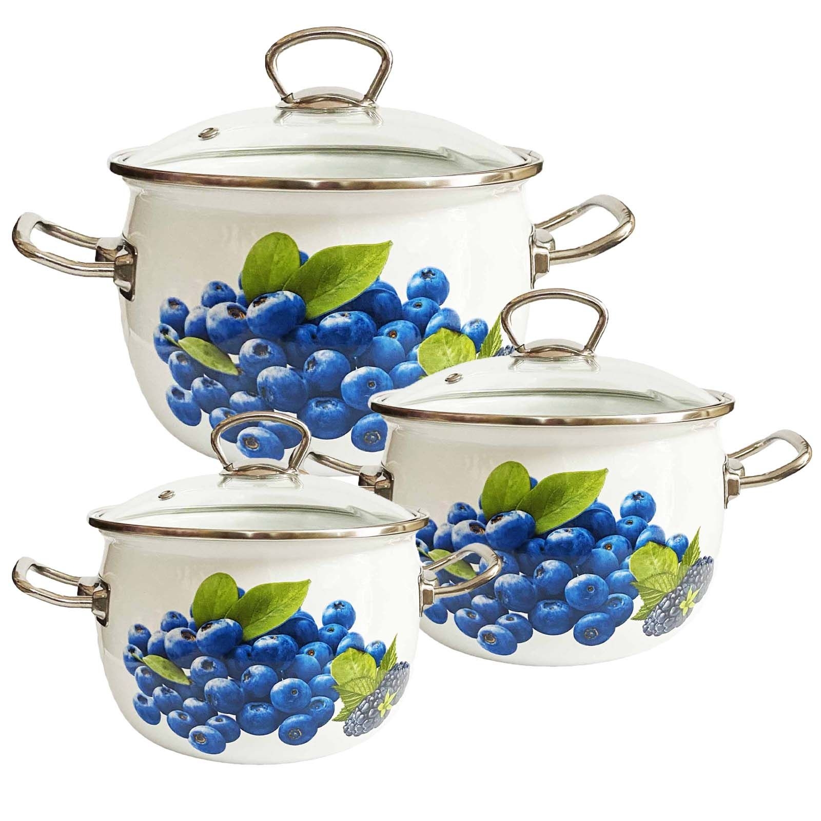 Set mit drei emaillierten Kochtöpfen, "Heidelbeeren" Premium Plus, 2,5L, 3,5L, 5