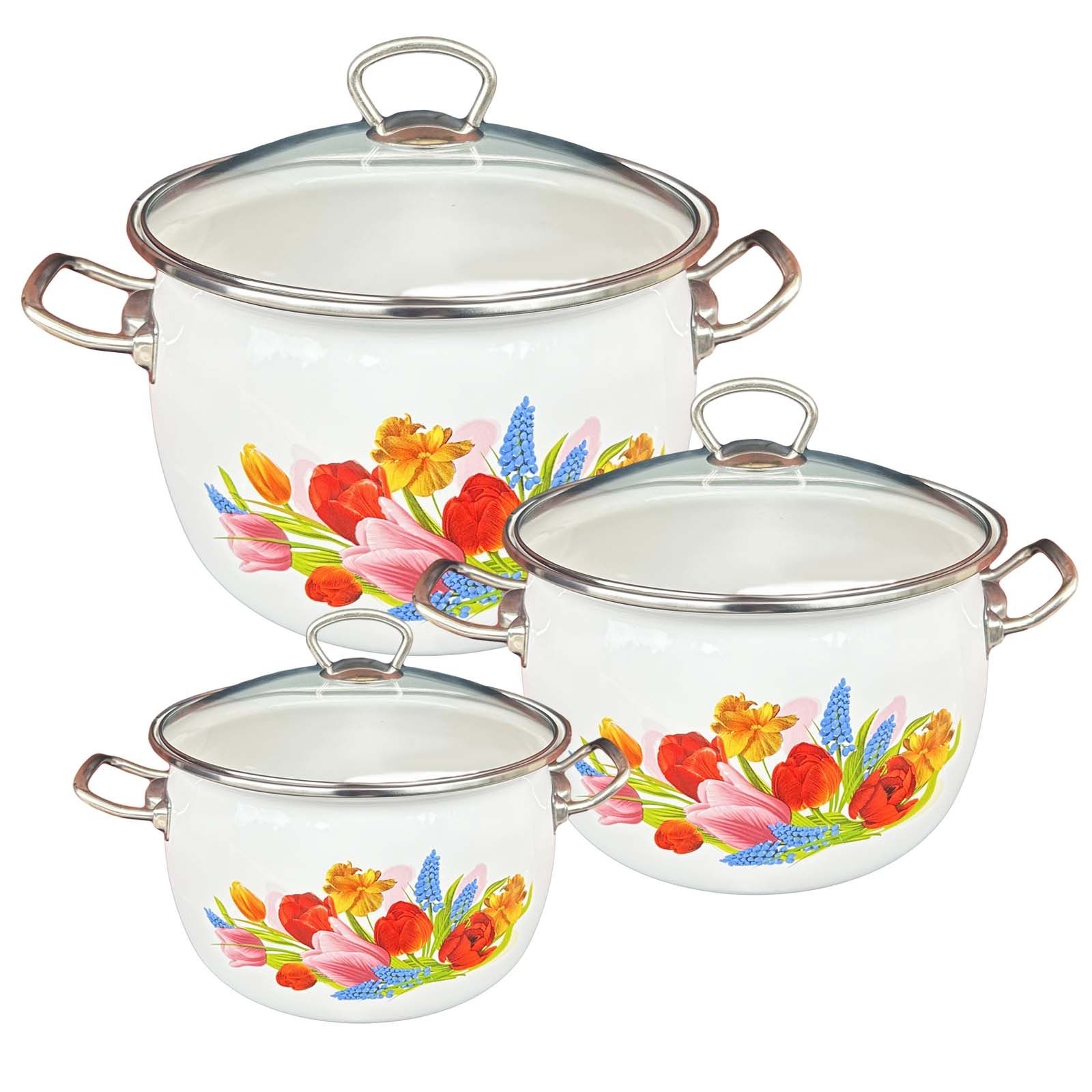 Set mit drei emaillierten Kochtöpfen, "Blumenstraus" Premium Plus, 2,5L, 3,5L, 5L