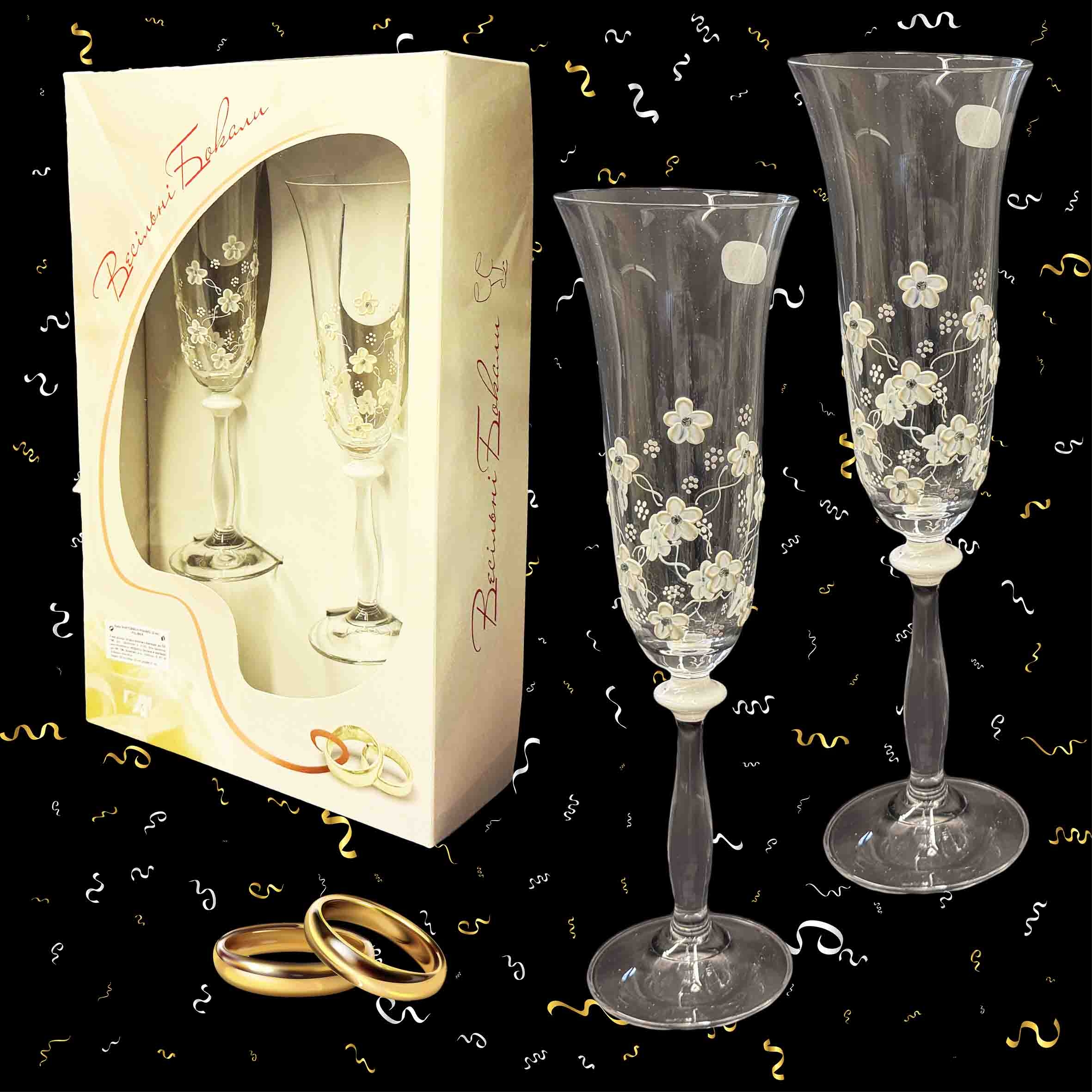 Geschenkset aus 2 Hochzeitsgläsern "Polibek", Böhmisches Glas, handbemalt, 180 ml