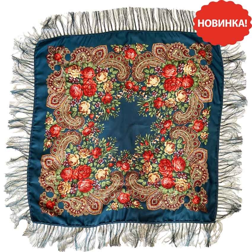 Kopftuch "Volksmotive", dunkles Türkis, 110x110 cm