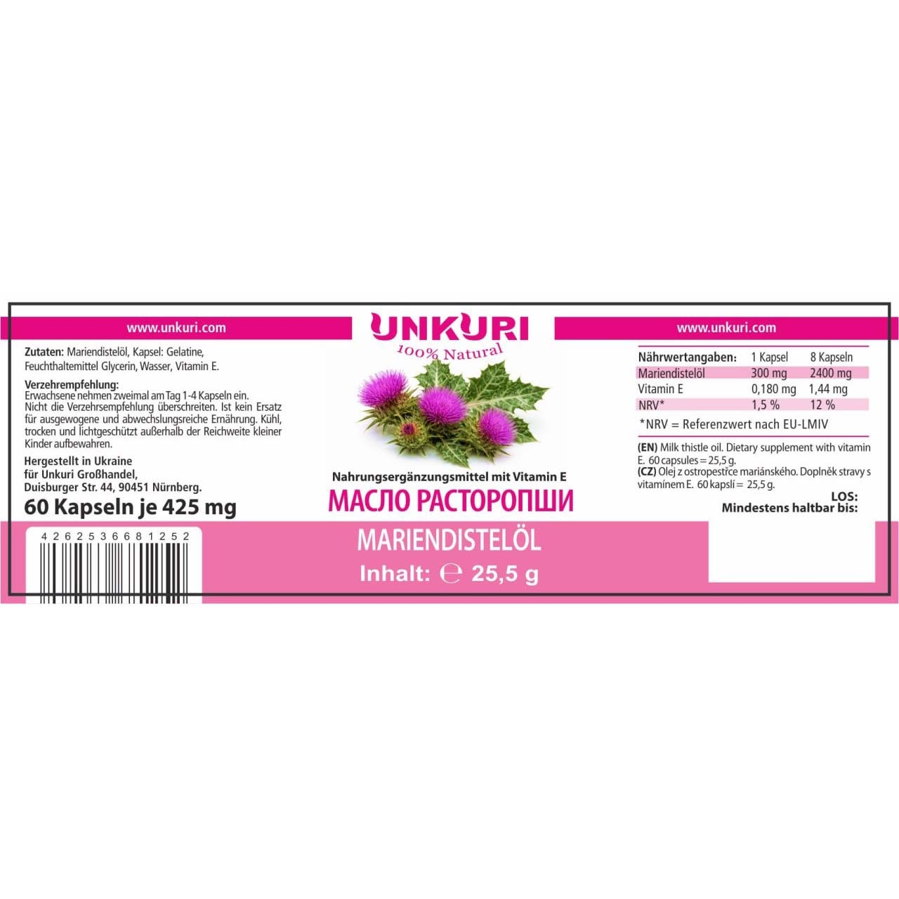"Unkuri 100% Natural" Mariendistelöl in Kapseln, 60 Kaps. in Dose