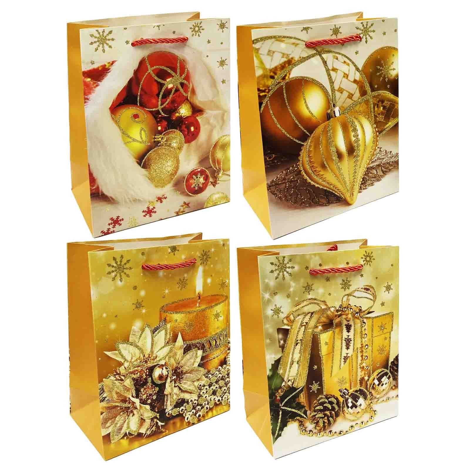 Geschenktasche Set, M, 32x26cm, "Kerze, Weihnachtskugeln, Geschenk" Gold