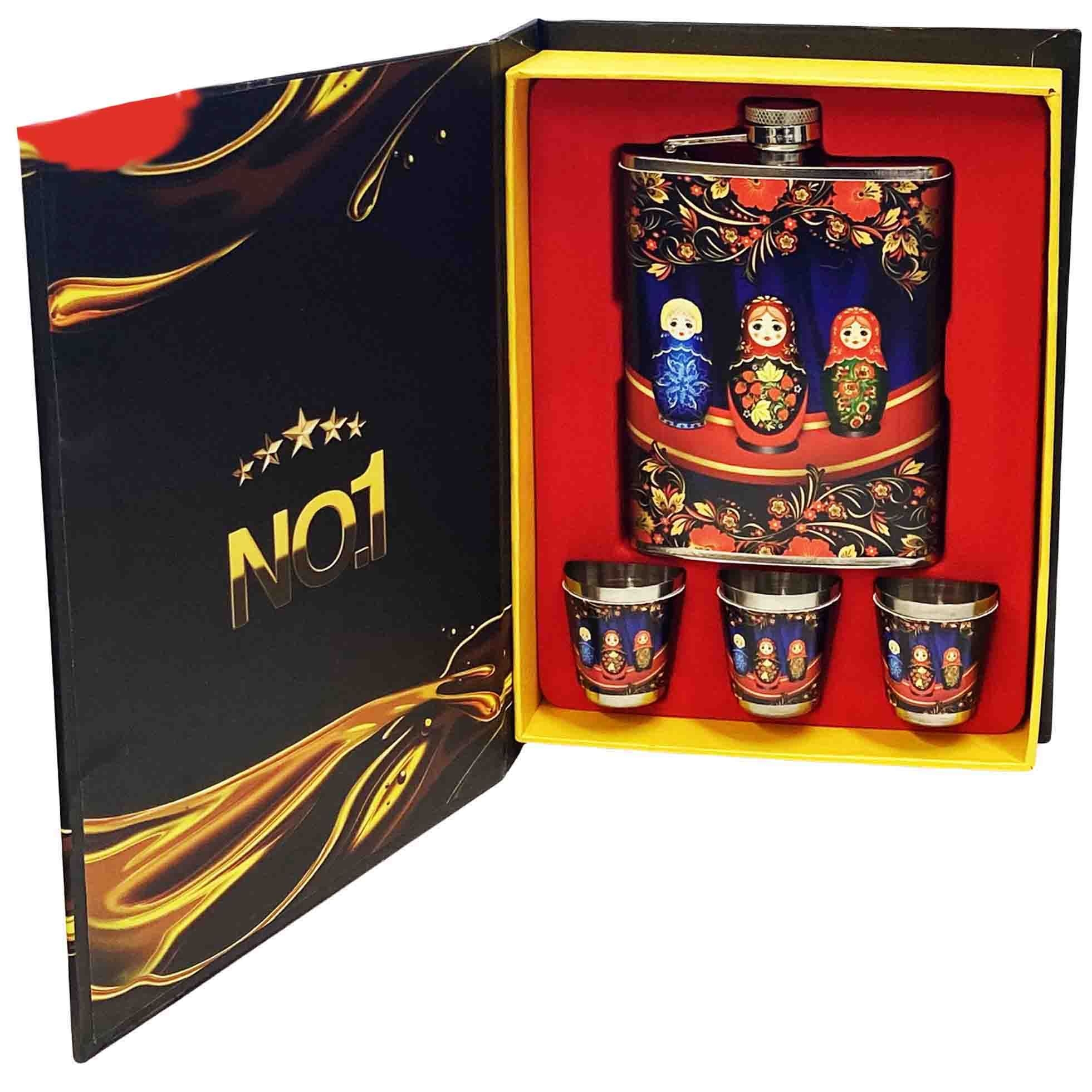 Flachmann-Set in einem Buch mit drei Schnapsgläsern "Matröschki", 240 ml