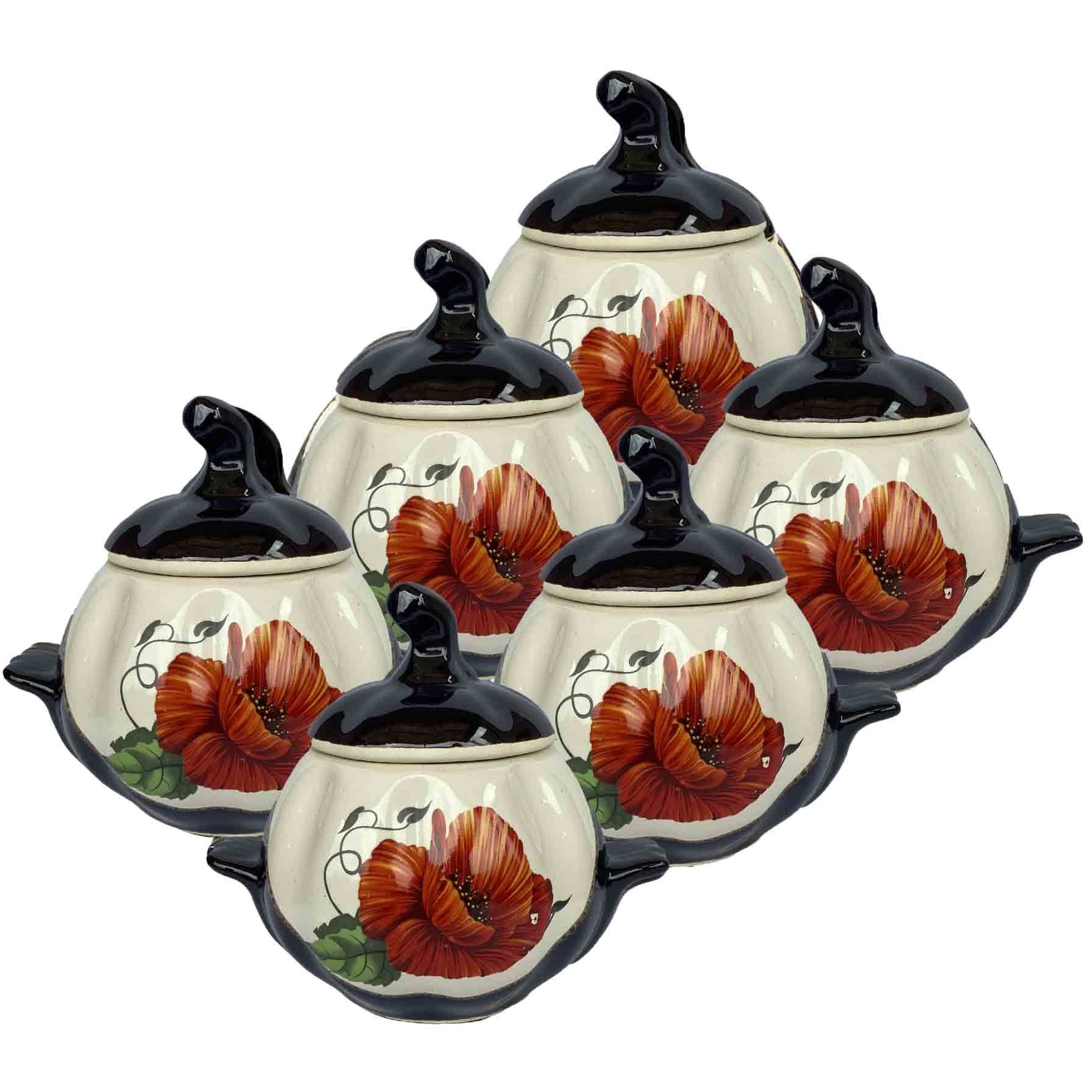 Keramiktopf "Mohnblumen" mit Griffen, 750 ml, Set aus 6 St.