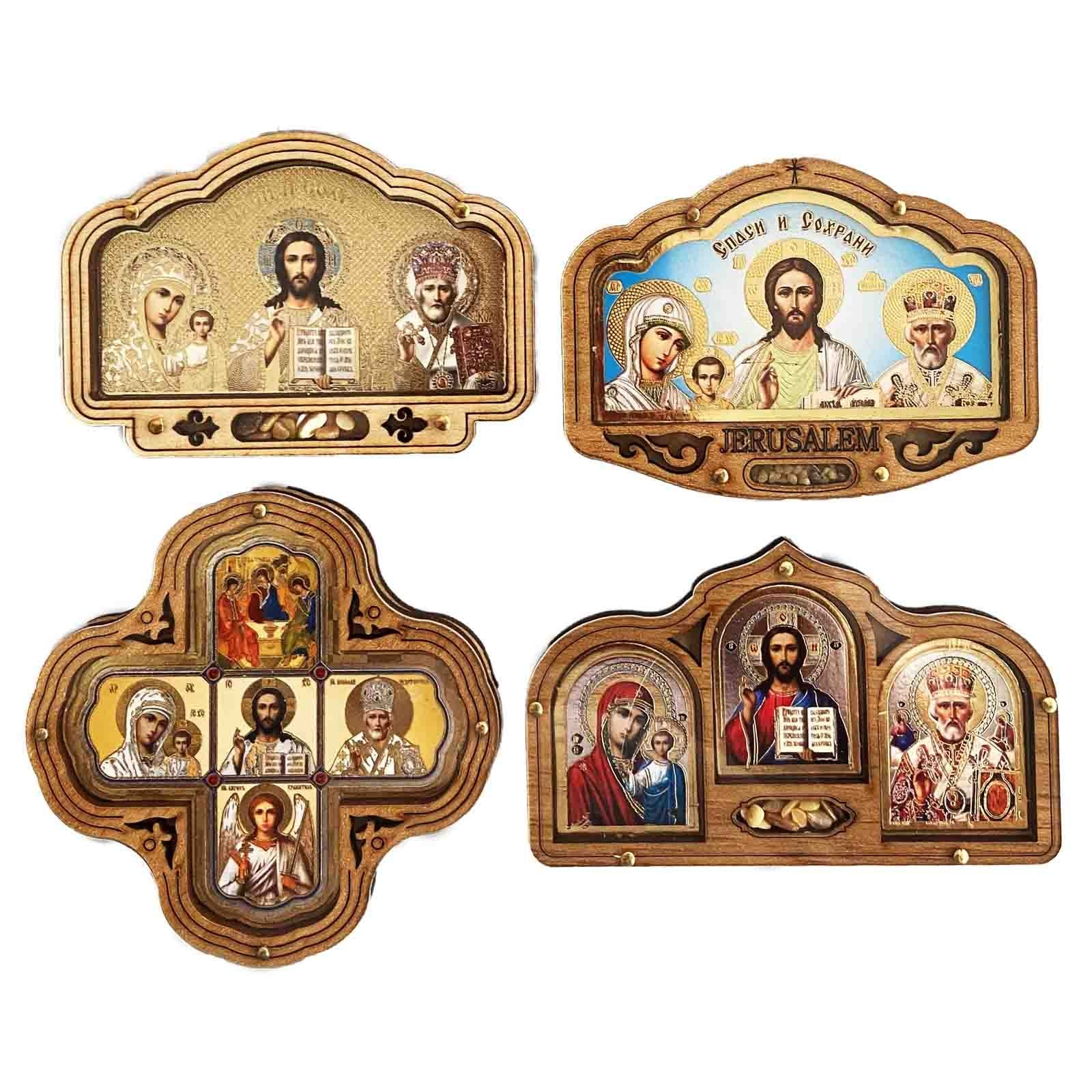 Ikonen für Auto aus Holz mit Plexiglas, ca. 8 x 6 cm, verschiedenen Sorten