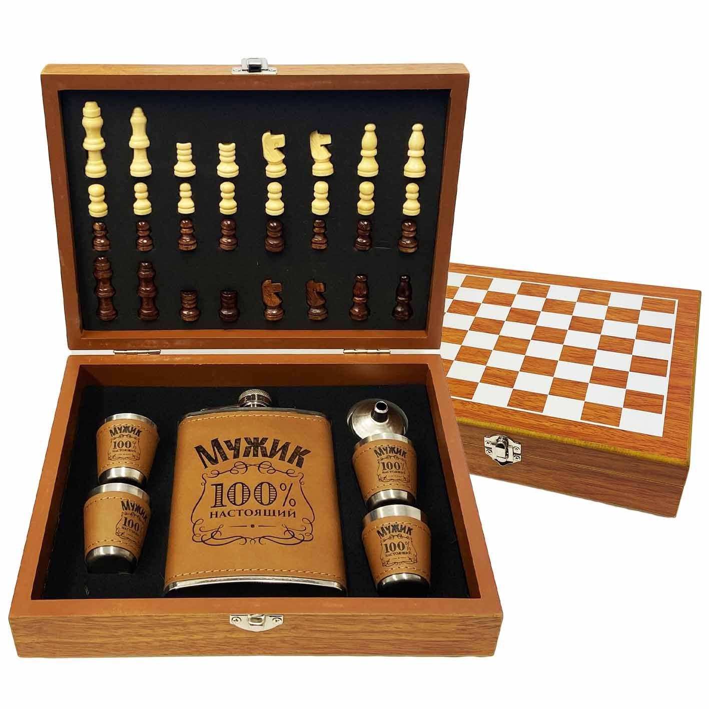 Set in Holzbox: Schach, Flachmann 240 ml + 4 Gläser "100% Mann"
